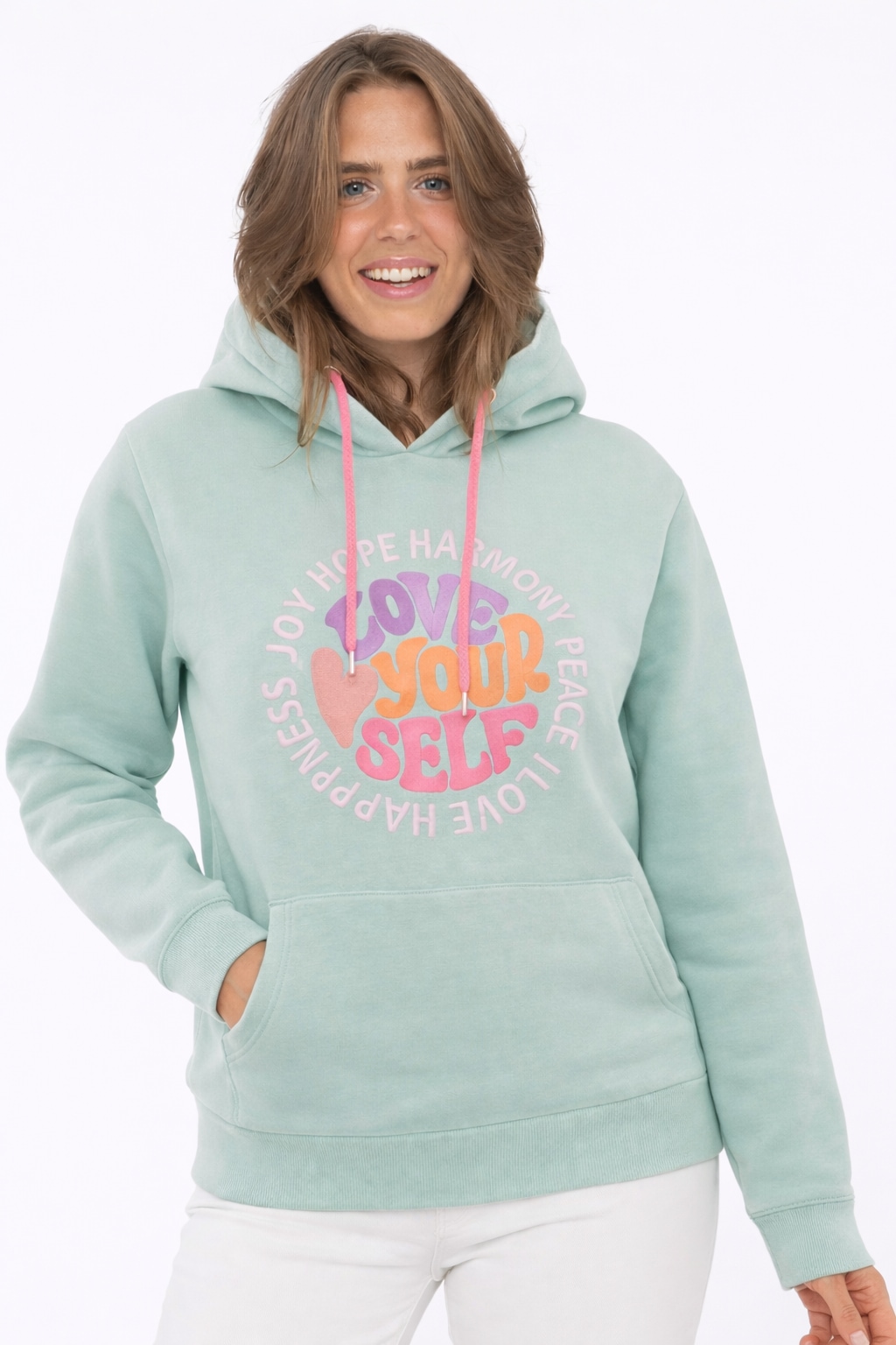 Image of Zwillingsherz Hoodie ""Love Yourslef"", runde grosse Frontstickerei, farbige Kordel, Kängurutasche