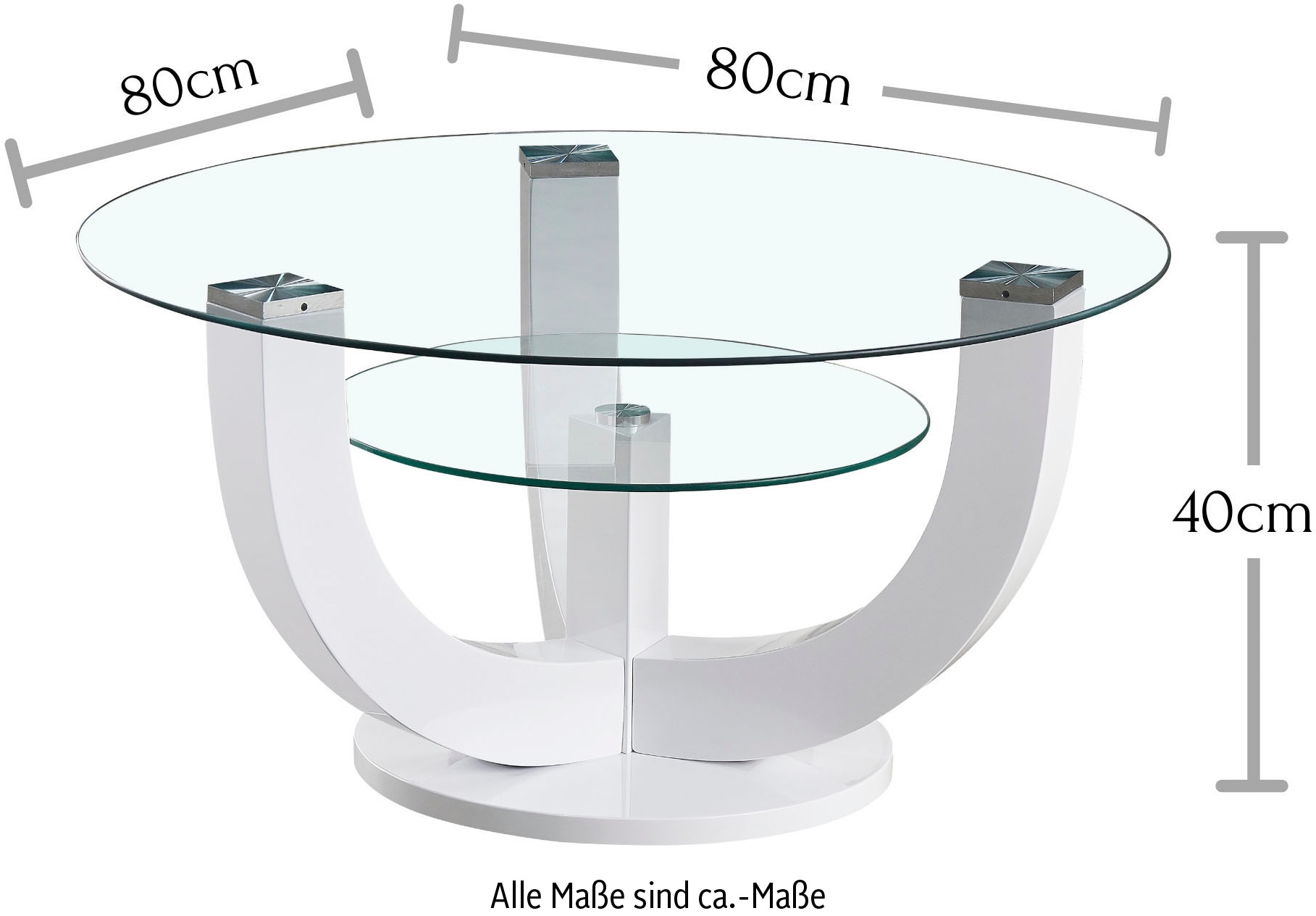 HBZ Couchtisch »Denver, TOPSELLER!«, (Couchtisch), rund mit Glas, Tisch -Gestell weiss hochglanz