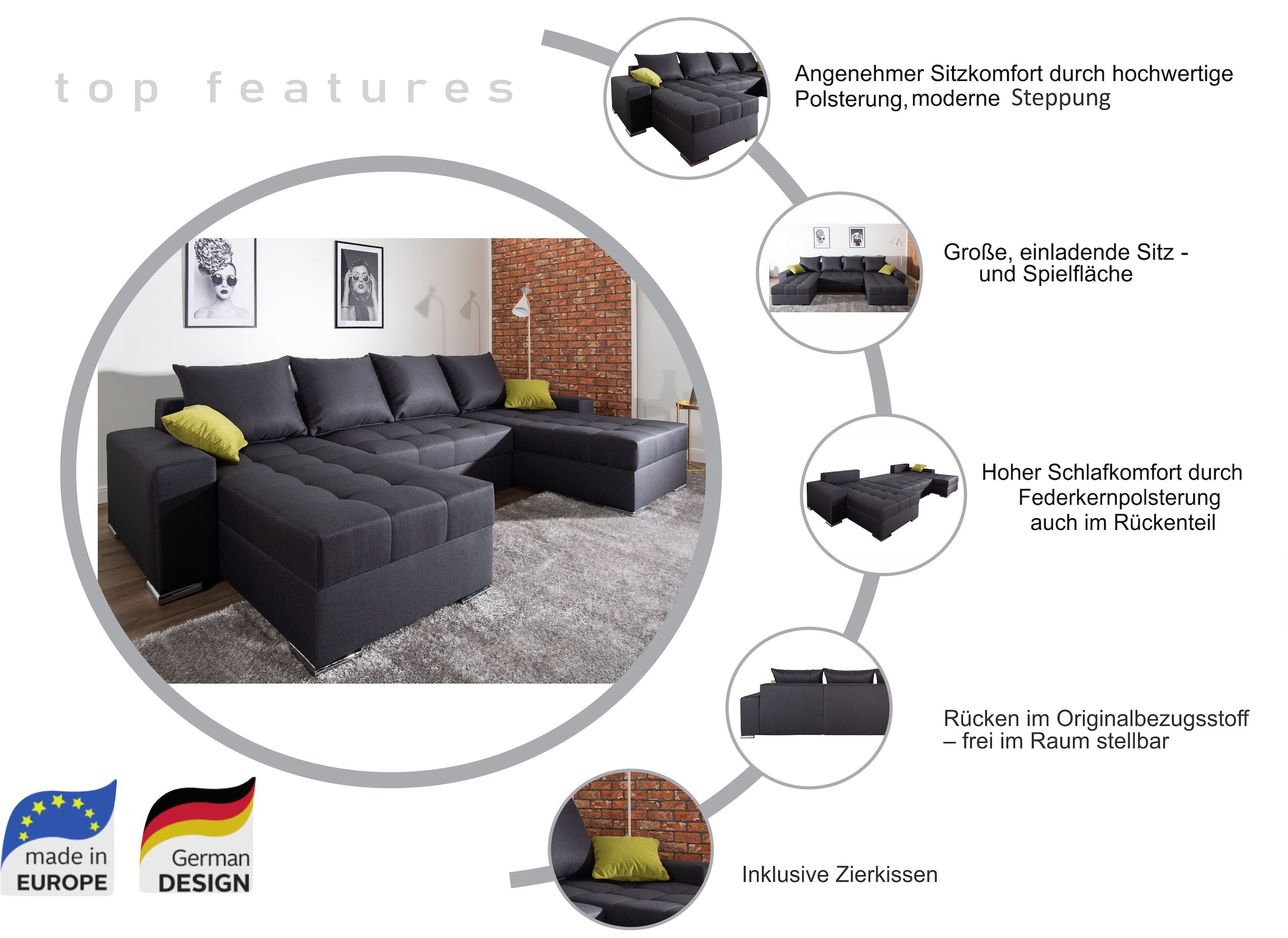 COLLECTION AB Wohnlandschaft »XL-Josy U-Form, Breite 313 cm, Flachgewebe, Struktur, Kunstleder«, inkl. Bettfunktion, Bettkasten, mit 4 gleich grossen Rückenkissen