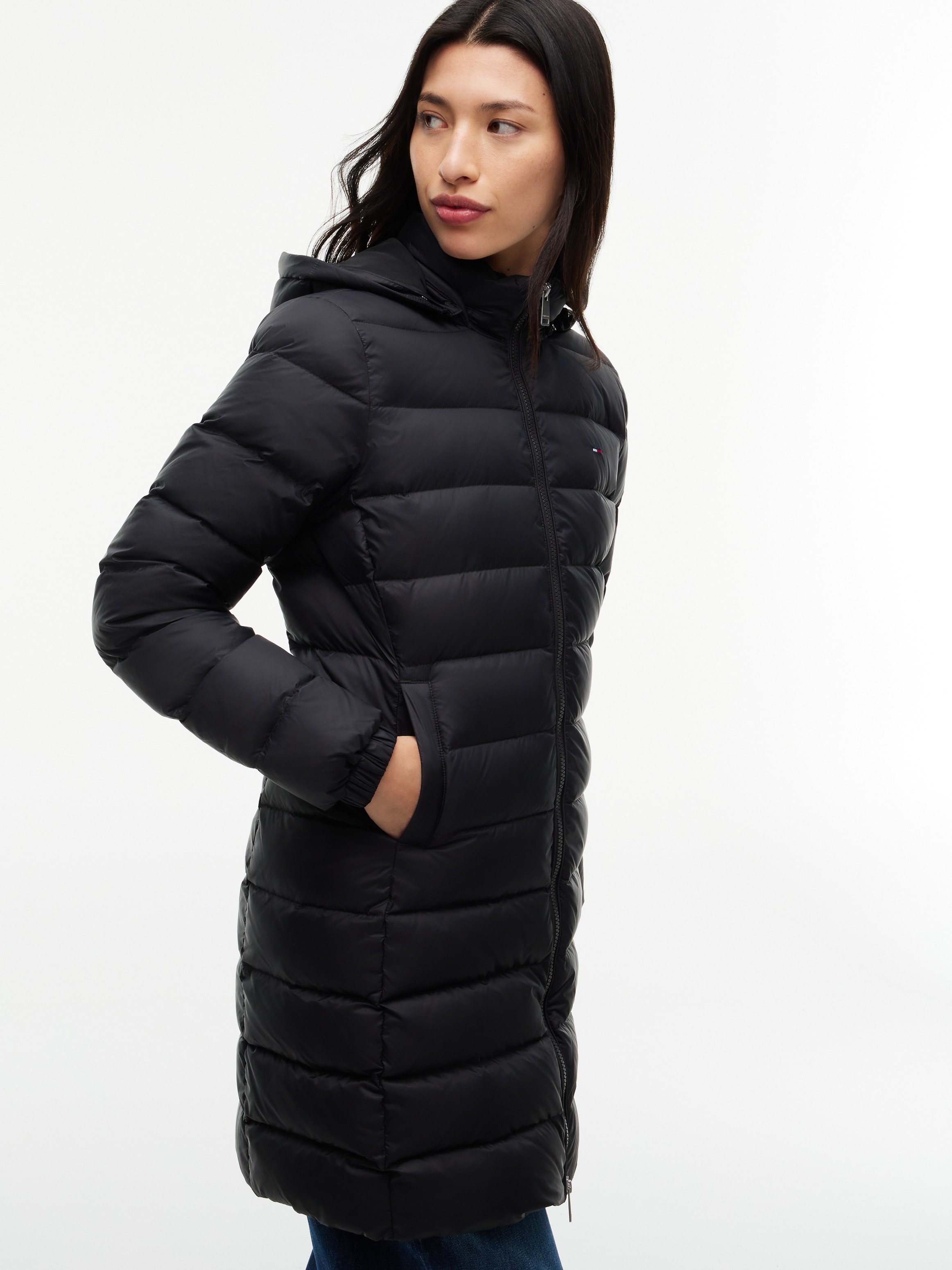 Image of Tommy Jeans Steppmantel "TJW ESSENTIAL HOODED DOWN COAT" mit Fellimitat, Logostickerei