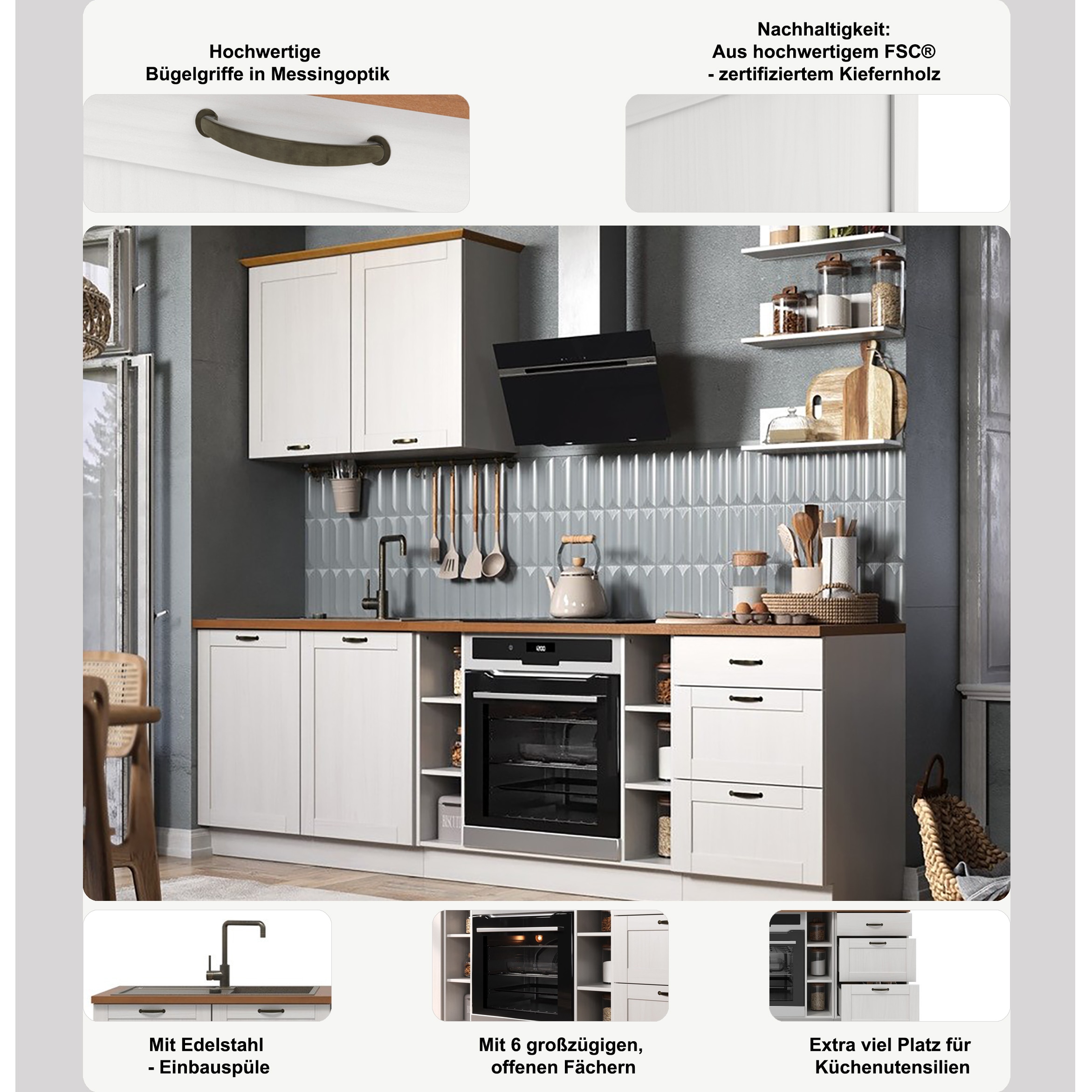 Home affaire Küchenzeile »Teramo« Set, Kombinierbar mit anderen Möbelstücken der Serie Teramo,  Breite 250 cm, Kiefer massiv, mit Arbeitsplatte