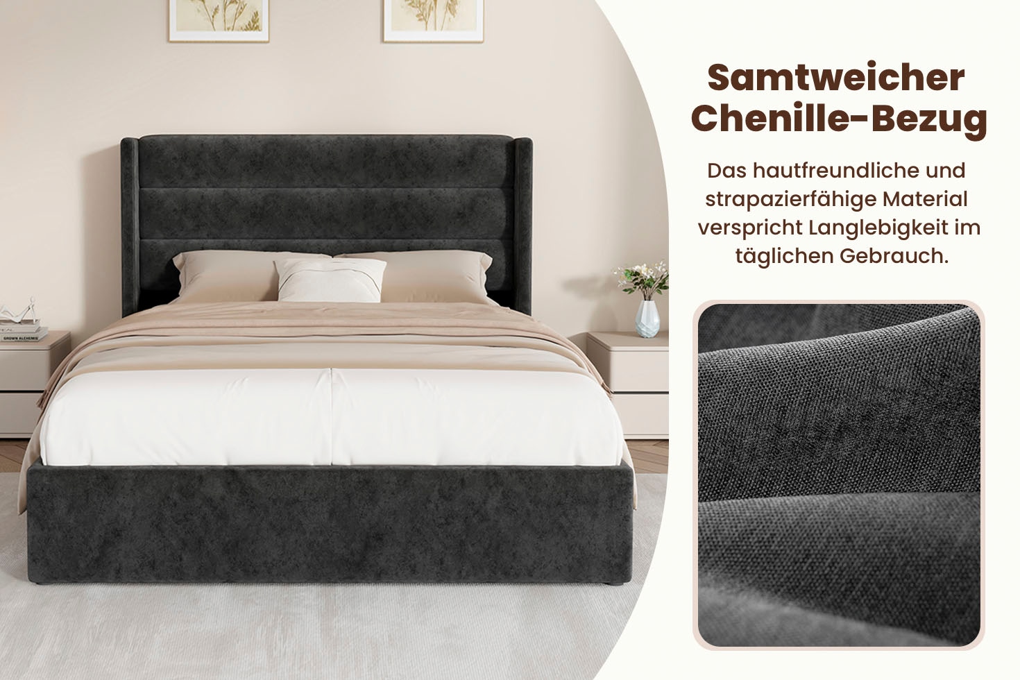 GOODproduct Polsterbett »ROMMINA, Polsterbett mit Bettkasten in den Breiten 140cm & 180cm« Samtweicher Chenille-Bezug