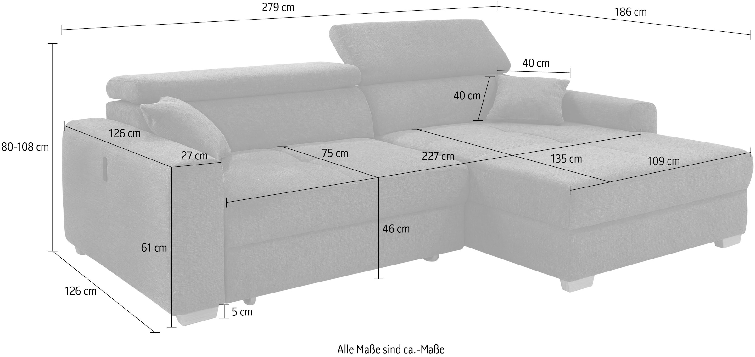 Jockenhöfer Gruppe Ecksofa »Slider L-Form, B: 277 cm, mit 60 cm elektr. Sitztiefenverstellung« 140kg Belastbarkeit, USB-Anschluss, Kopfteilverstellung & Zierkissen