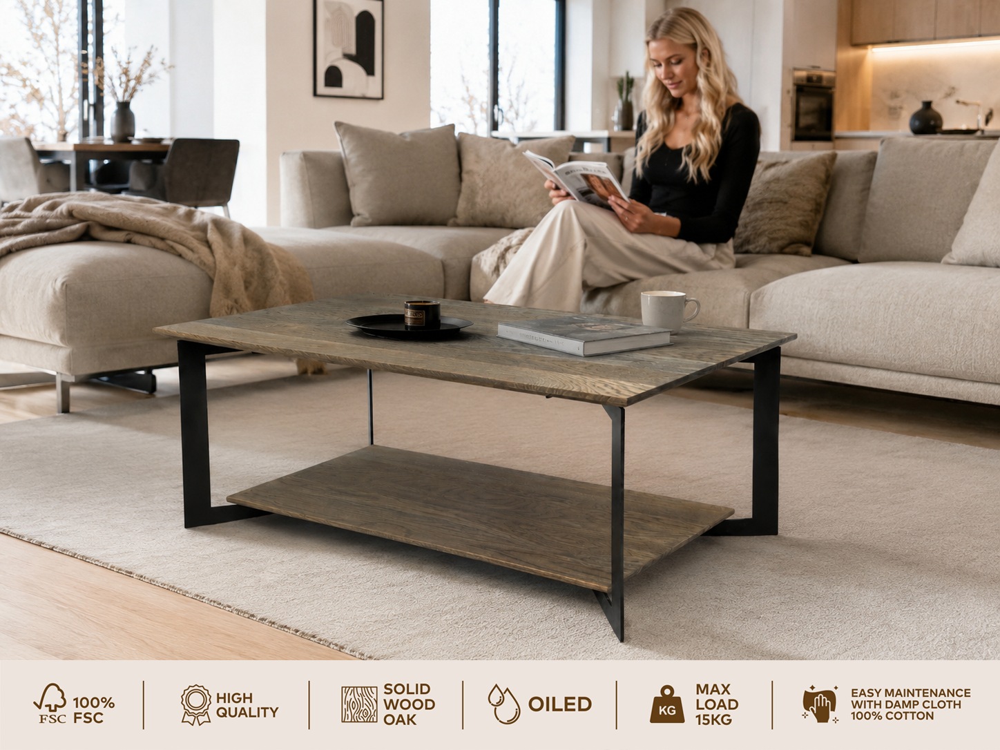 GOODproduct Couchtisch »Arvid, Wohnzimmertisch, Sofatisch, Beistelltisch, Kaffeetisch« Wildeiche geölt Natur/Smoke, Schweizer Kante, Metallgestell