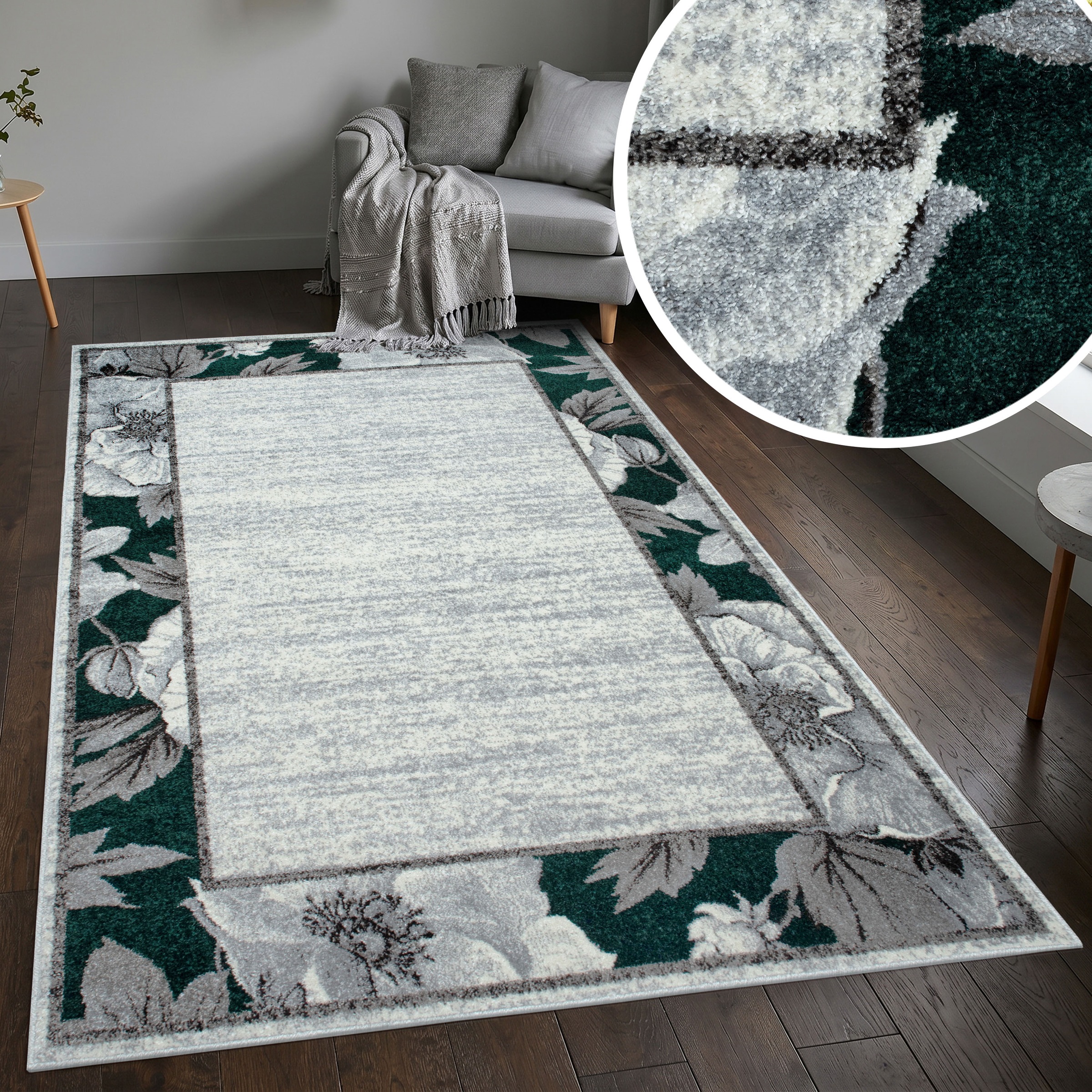 Image of GOODproduct Teppich "Florent mit Rahmen, Blumen Design" rechteckig 9 mm Höhe Floral, detailreiche Blüten, meliert, elegant, Wohnzimmer
