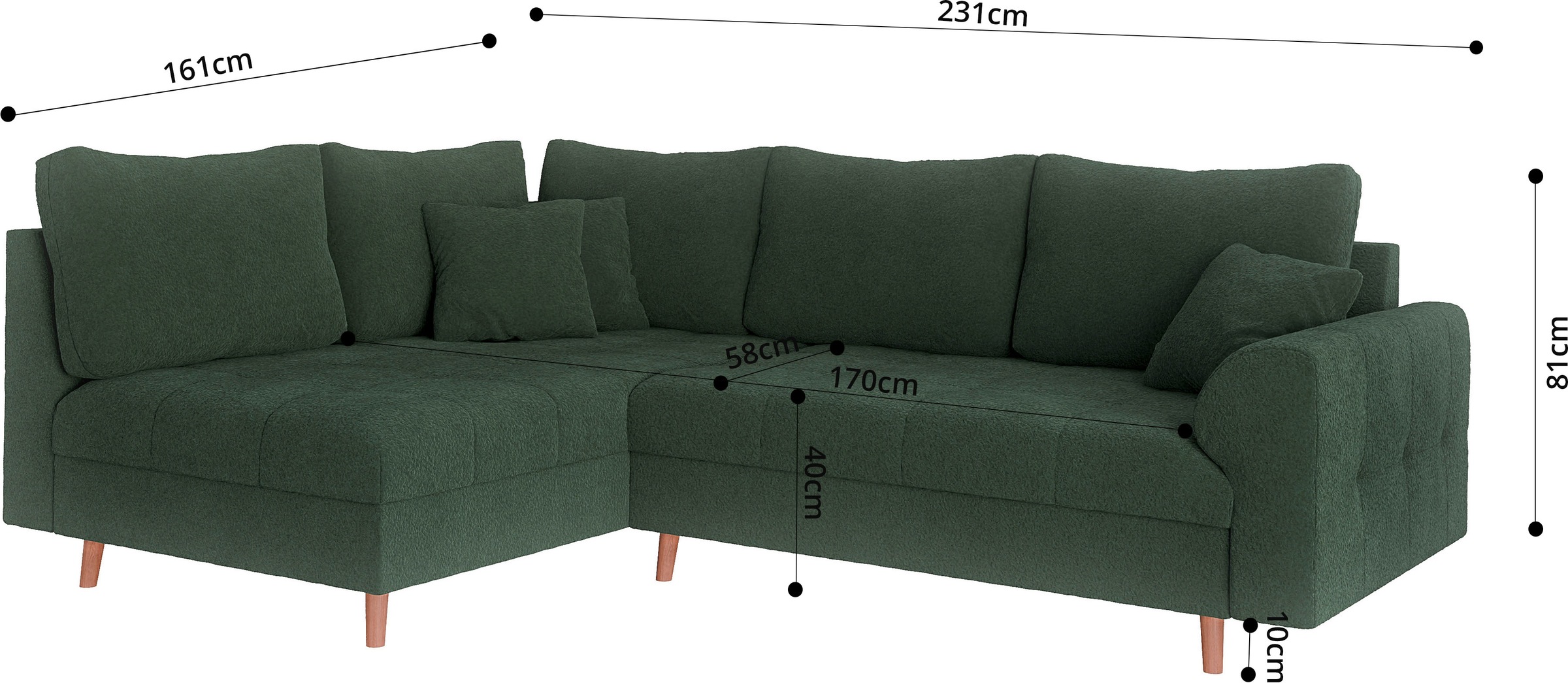 Home affaire Ecksofa »CHARRE L-Form mit Ottomane, Masse B/T/H: 231/161/81 cm«, feine Steppung, lose Rücken- und Zierkissen, auch in Cord und Bouclé