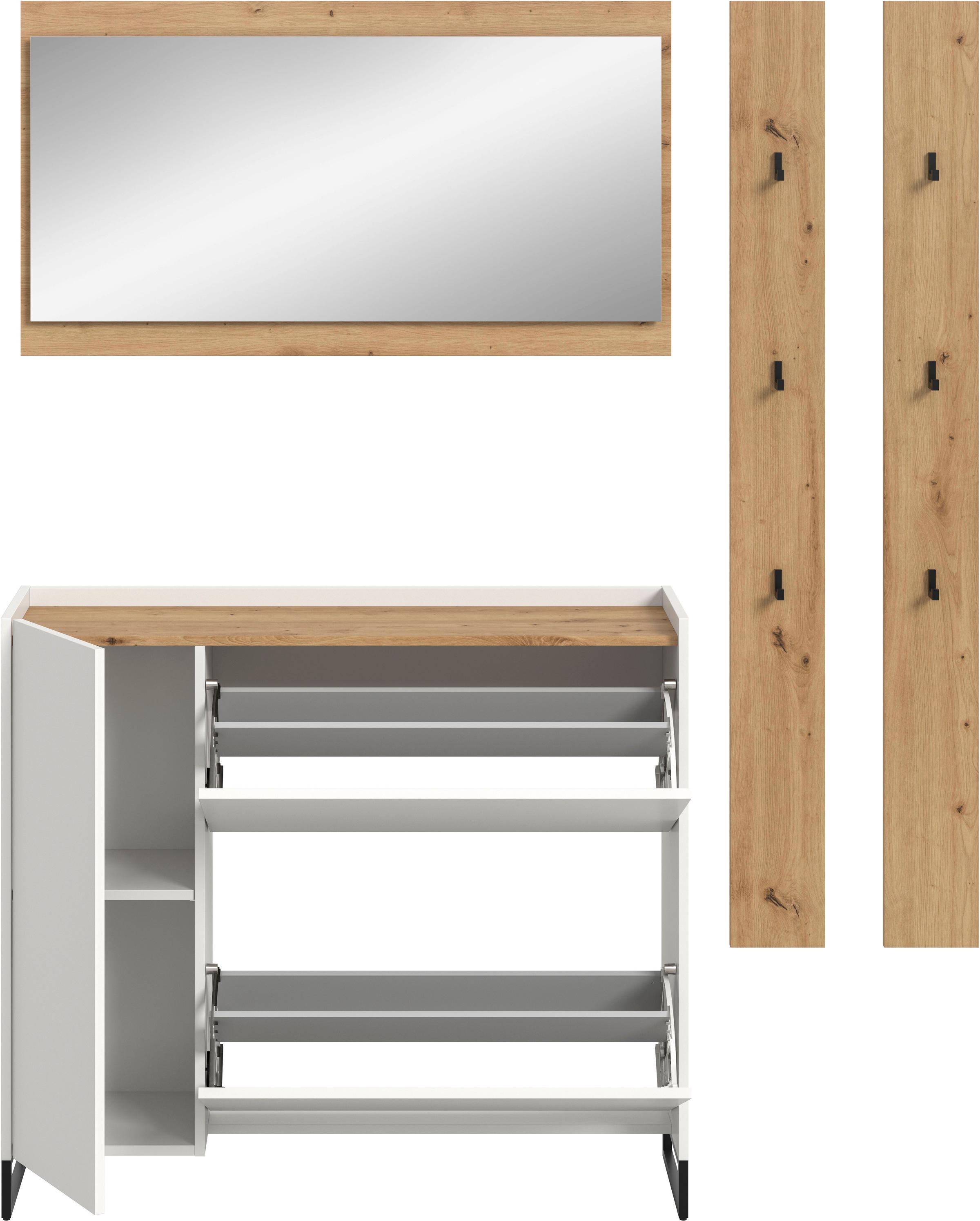 Home affaire Garderoben-Set »EVRID, 4-teilig, Breite 172 cm, individuell stellbar & erweiterbar« best. aus: Kommode, Spiegel & 2x Hakenleiste, 4 Stk. tlg.