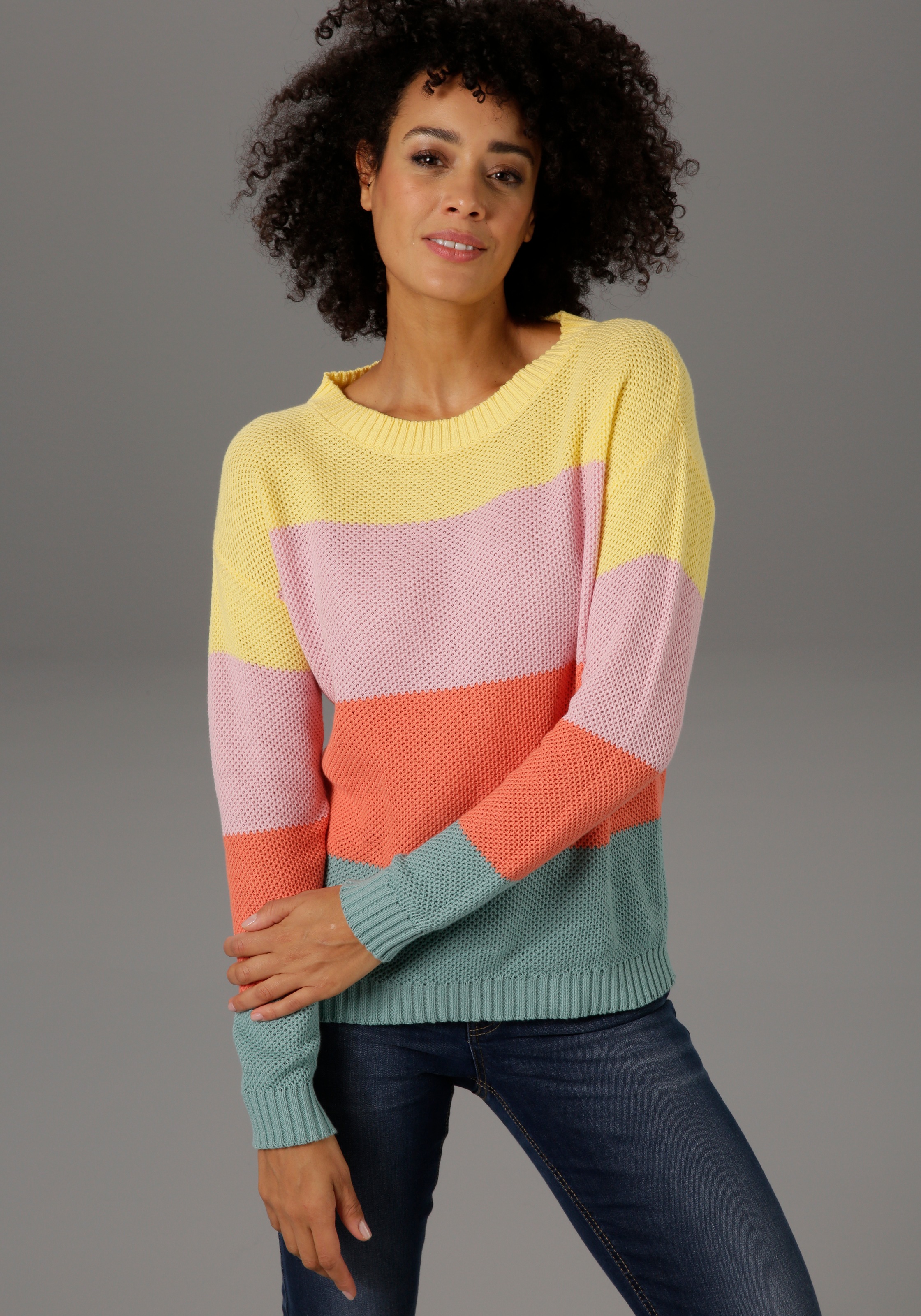 Image of Aniston CASUAL Rundhalspullover, mit trendfarbenen Blockstreifen bei Ackermann Versand Schweiz
