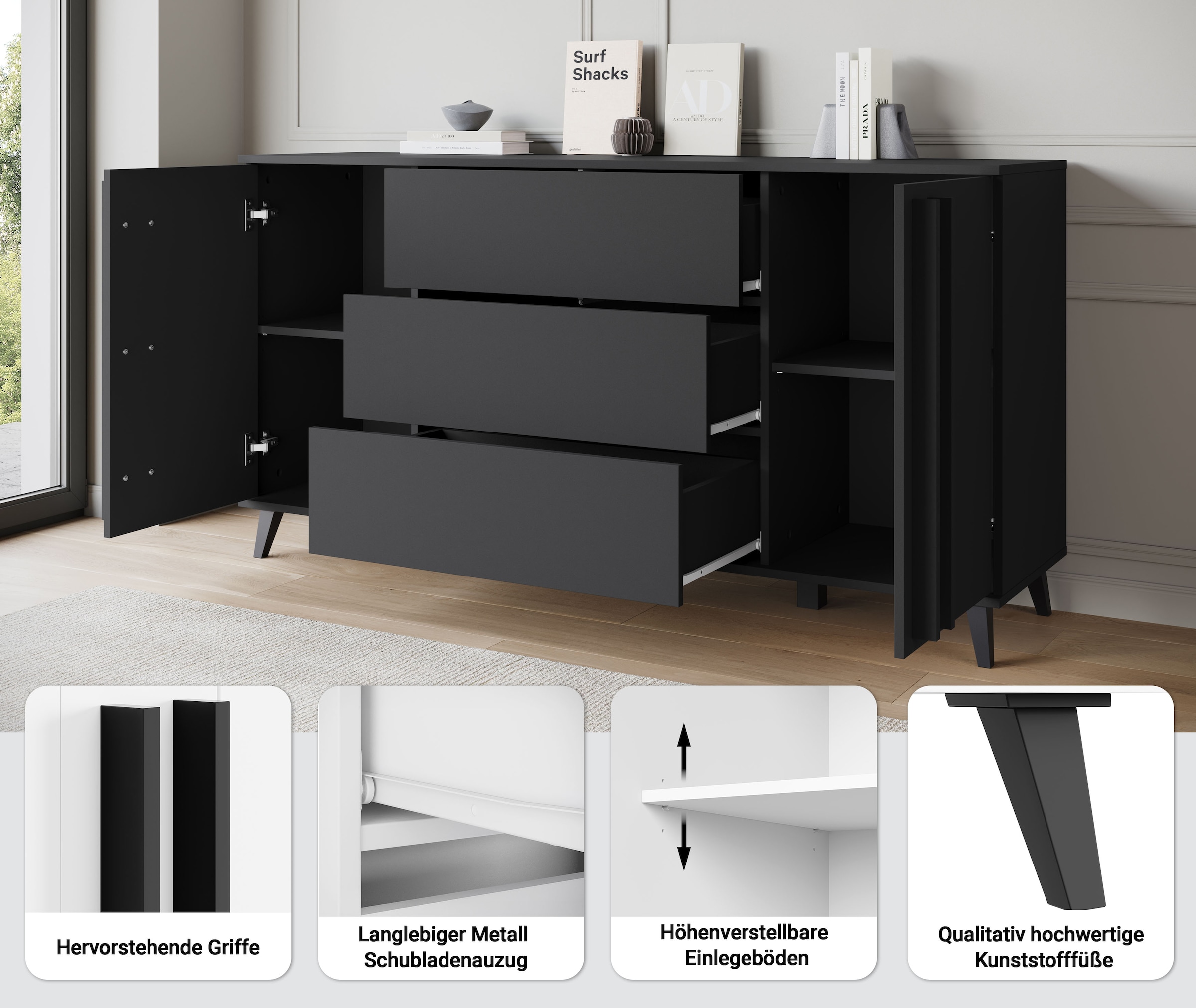 Home affaire Buffet »Helsinki, Kommode mit 2 Türen und 3 Schubladen, Breite 150 cm« 1 cuis tlg. Tiroirs push-to-open, étagères réglables en hauteur