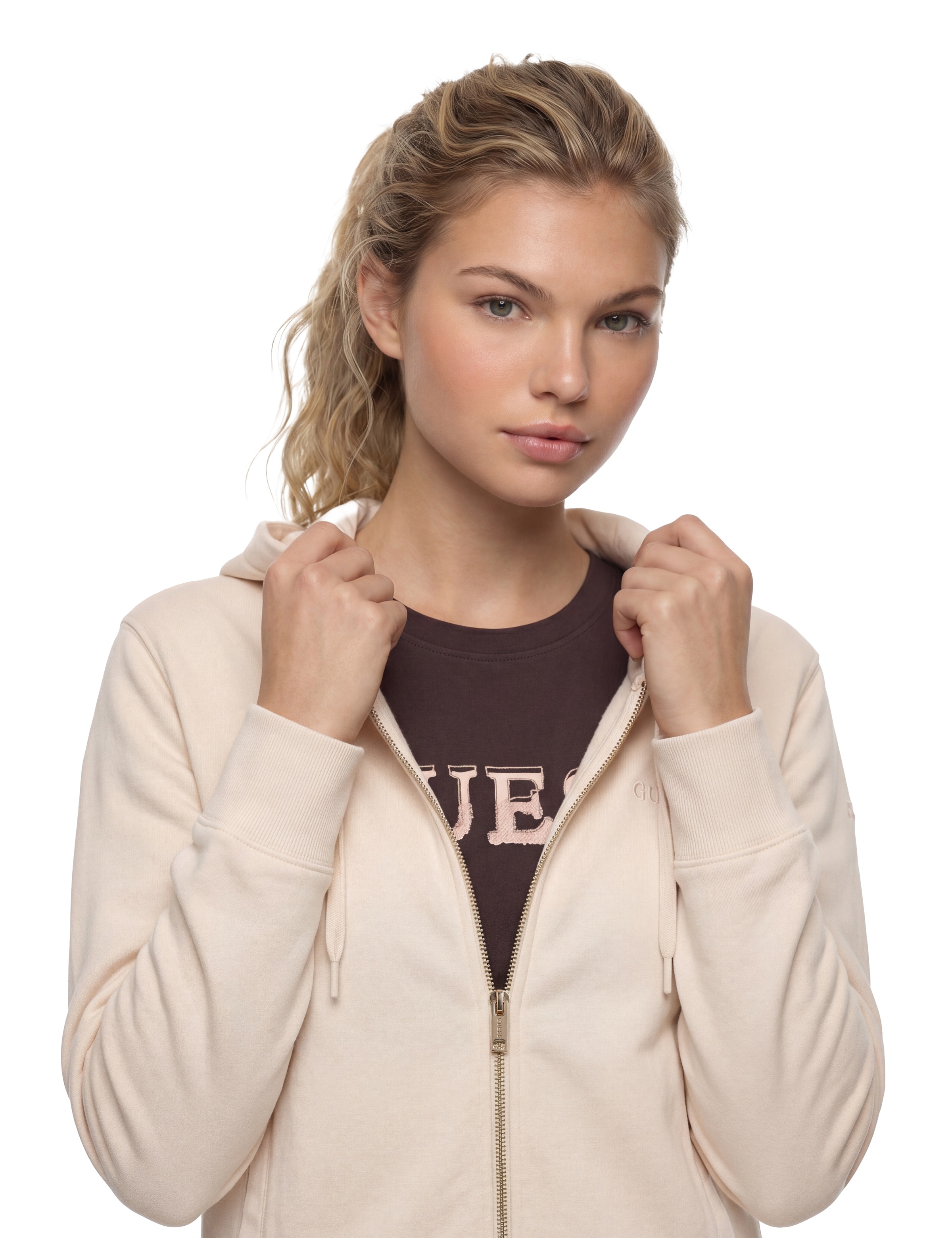 Guess Kapuzensweatjacke »SOFIA ZIPPER SWEATSHIRT« mit Logostickerei, Baumwollmix