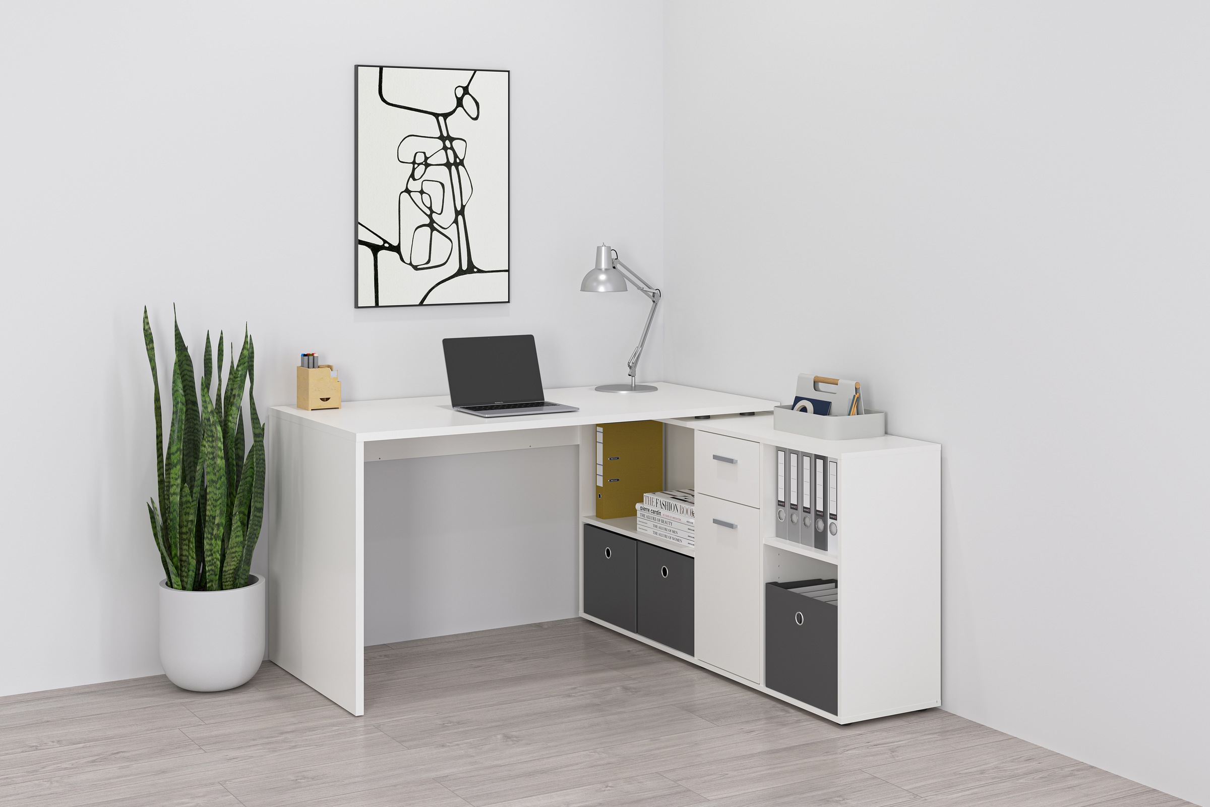 Image of FMD Eckschreibtisch "Lexo" Schreibtisch/Sideboard viel Stauraum, beidseitig montierb., 136/205 cm