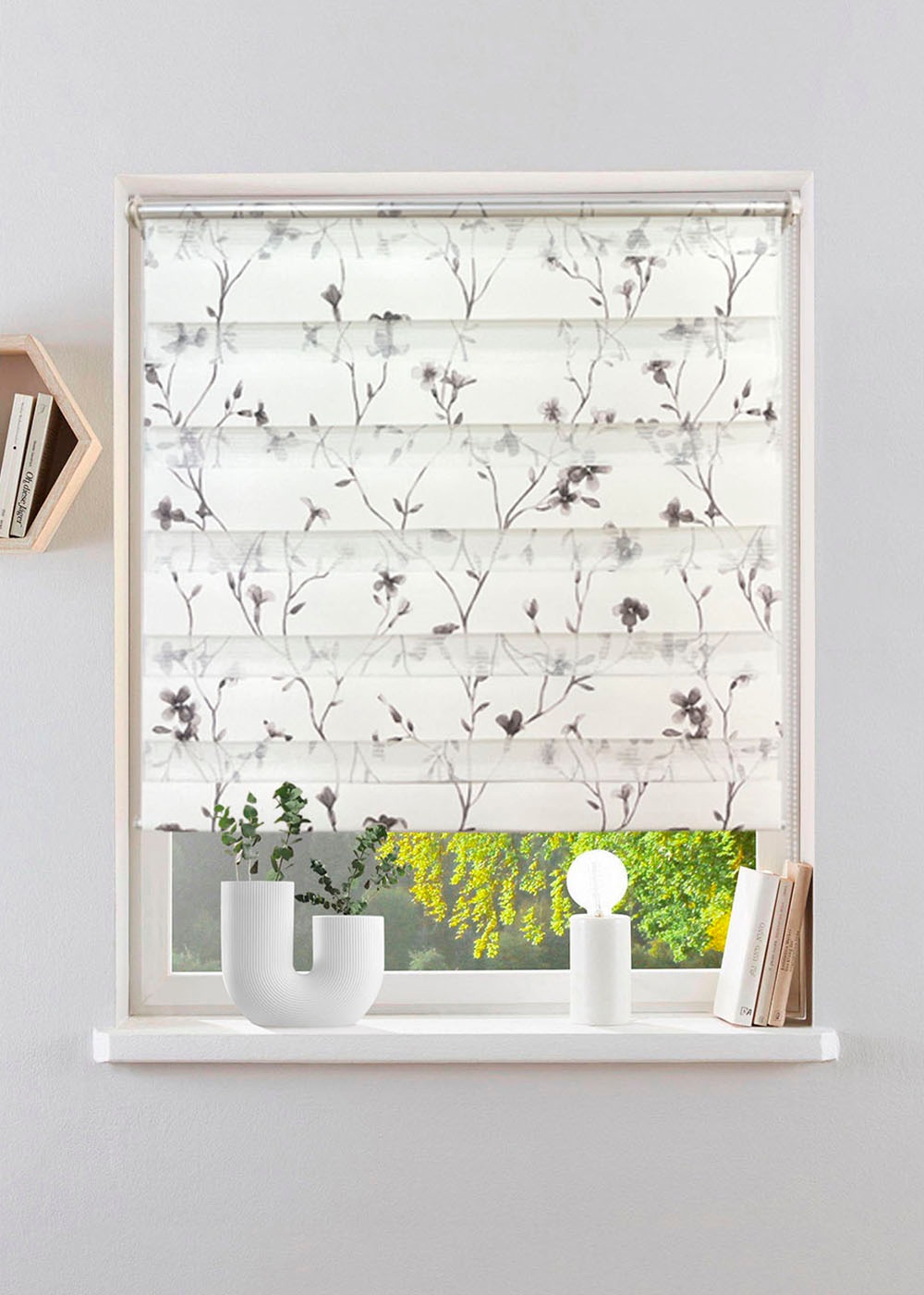 Image of GOODproduct Doppelrollo "MINNA" Lichtschutz Sichtschutz ohne Bohren freihängend mit Floralem Design - sehr beliebt