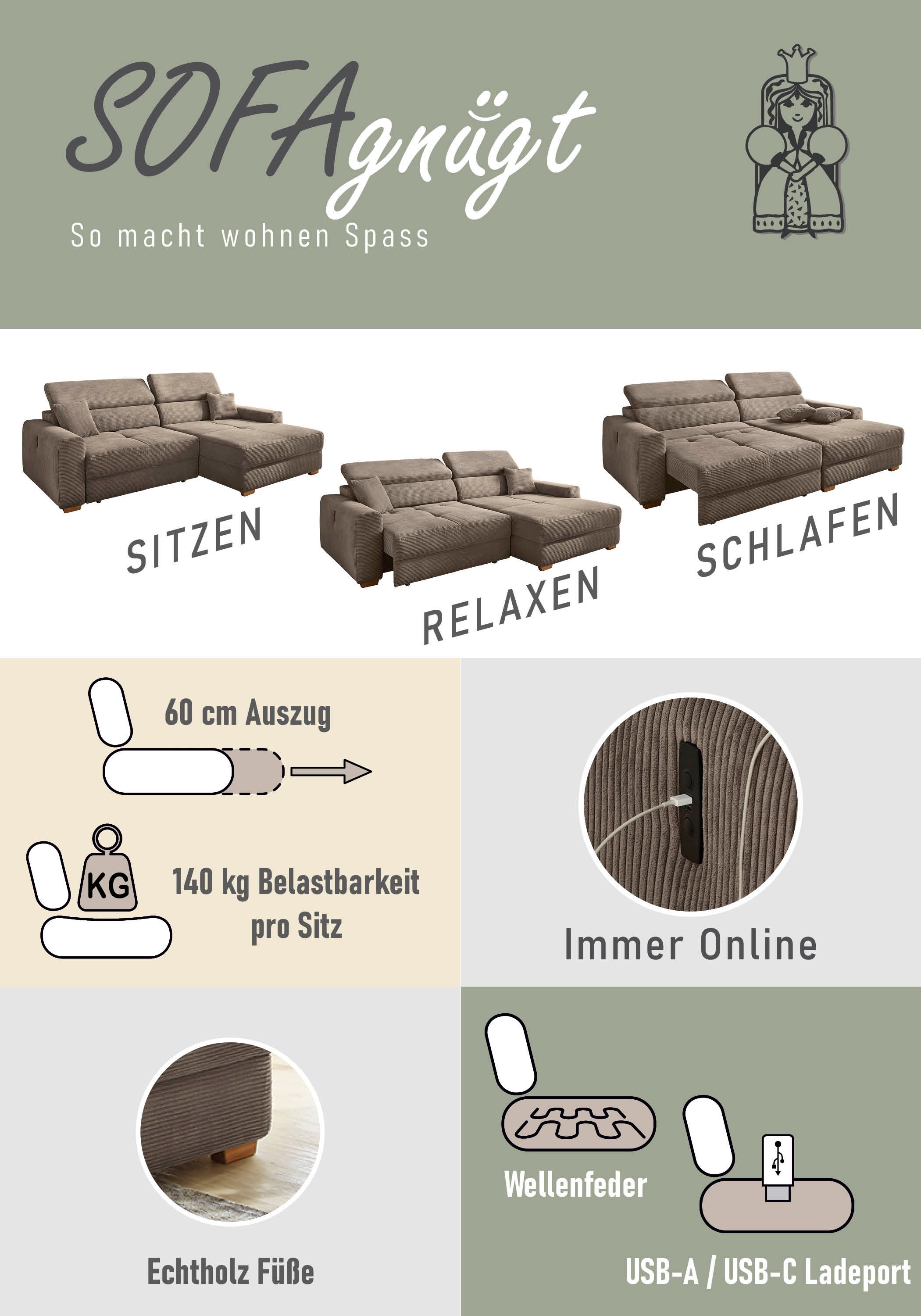 Jockenhöfer Gruppe Ecksofa »Slider L-Form, B: 277 cm, mit 60 cm elektr. Sitztiefenverstellung« 140kg Belastbarkeit, USB-Anschluss, Kopfteilverstellung & Zierkissen
