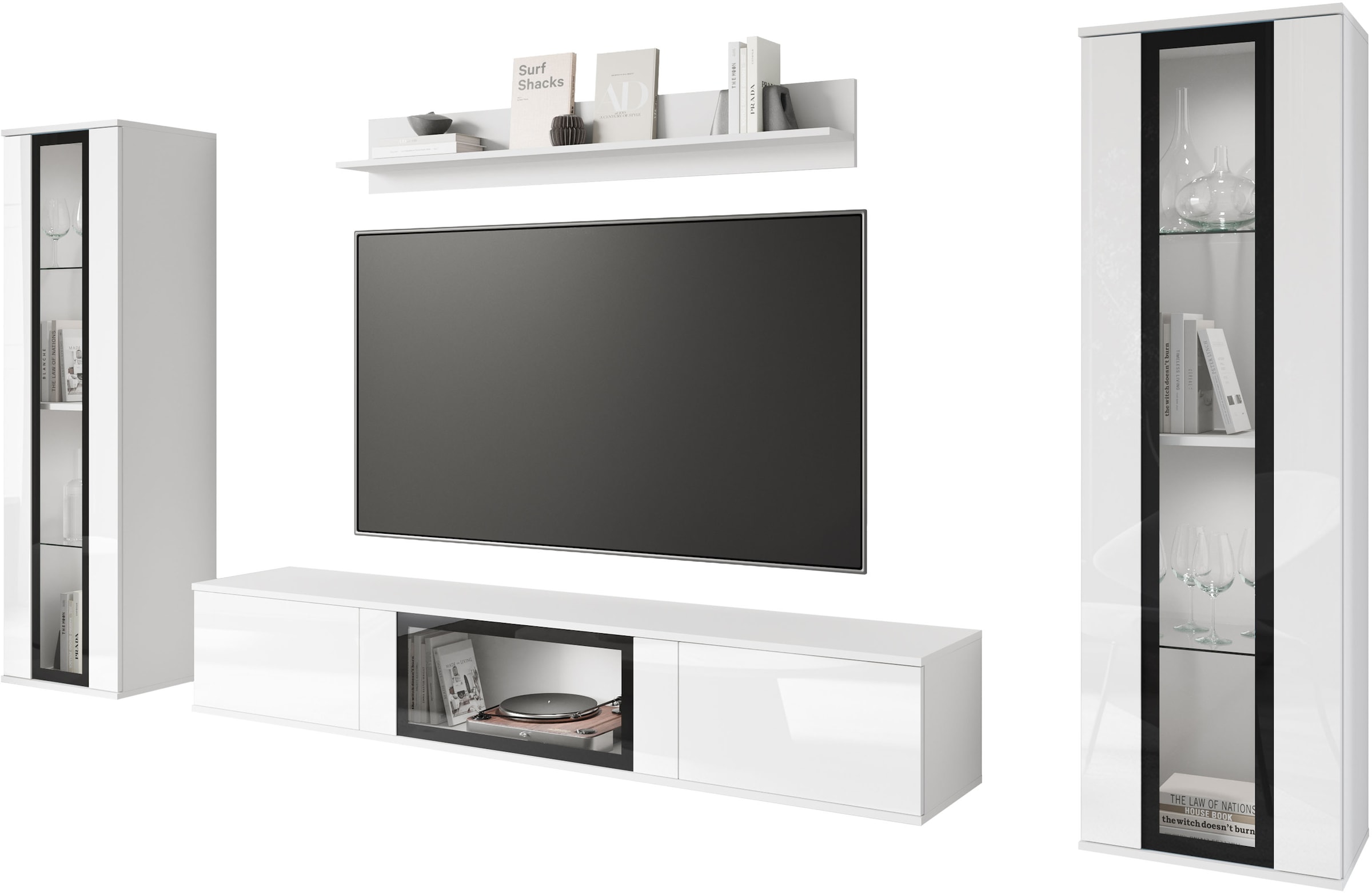 Home affaire Wohnwand »Caro, stehend und hängend montierbar« Komplett-Set, Vitrine Türanschlag links/rechts wechselbar, 4 Stk. tlg.