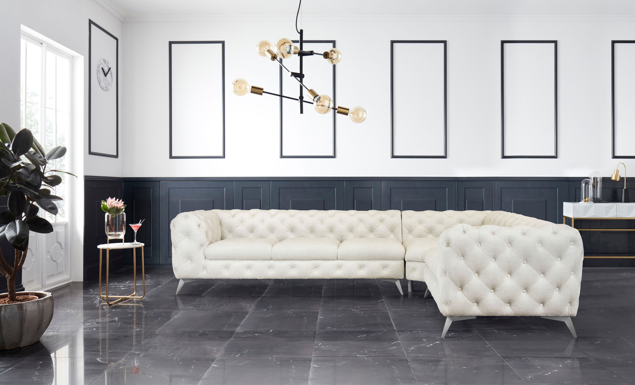 Leonique Chesterfield-Sofa »Ecksofa GLYNIS L-Form mit Wellenunterfederung, Masse B/T/H 323/264/75cm«, aufwändige Knopfheftung, moderne Chesterfield Optik, Fussfarbe wählbar