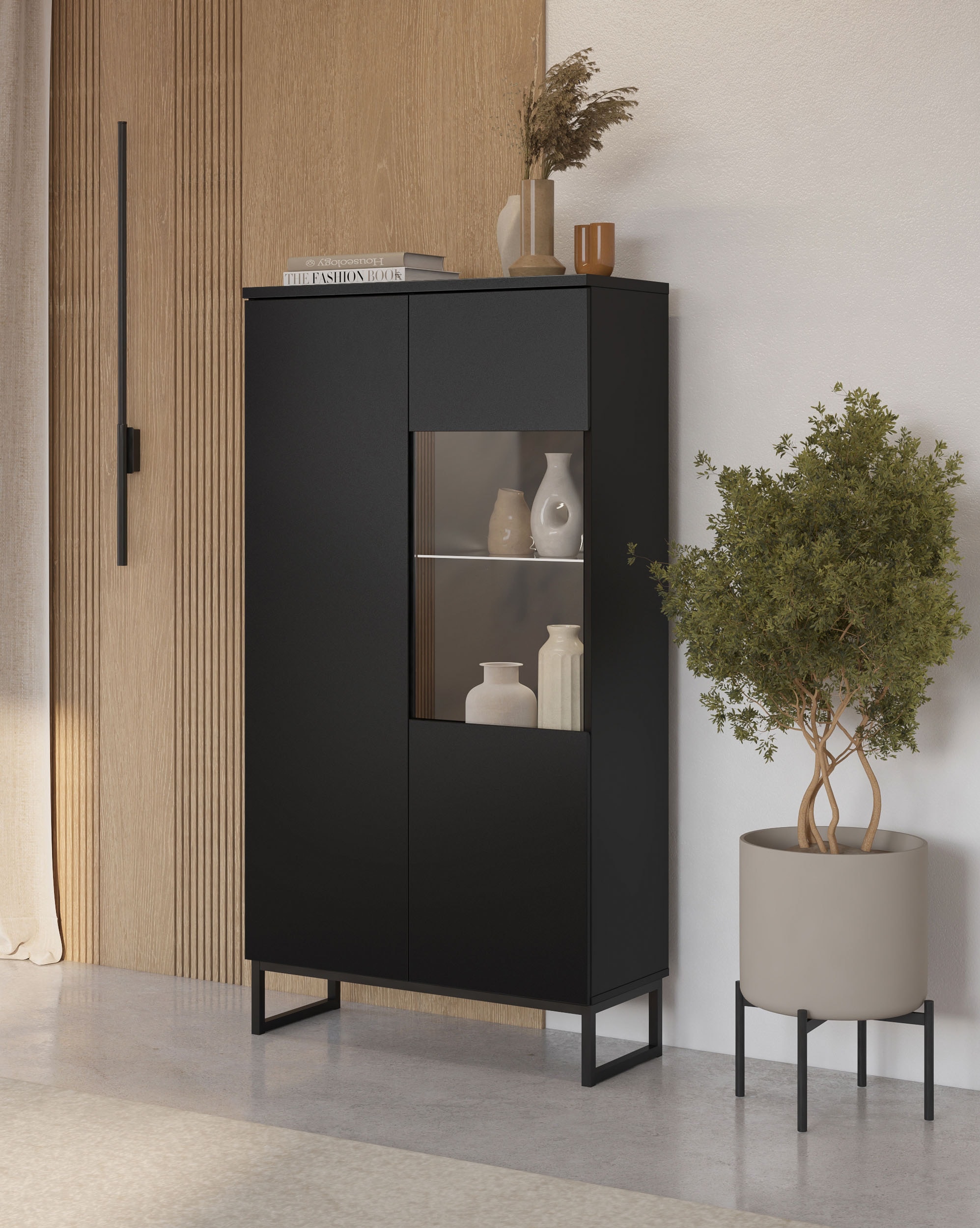 GOODproduct Vitrine »Modo II, Breite 80 cm, moderner griffloser Vitrineschrank« Vitrine viel Stauraum, Einlegeböden verstellbar, Glastür, Metallkufen