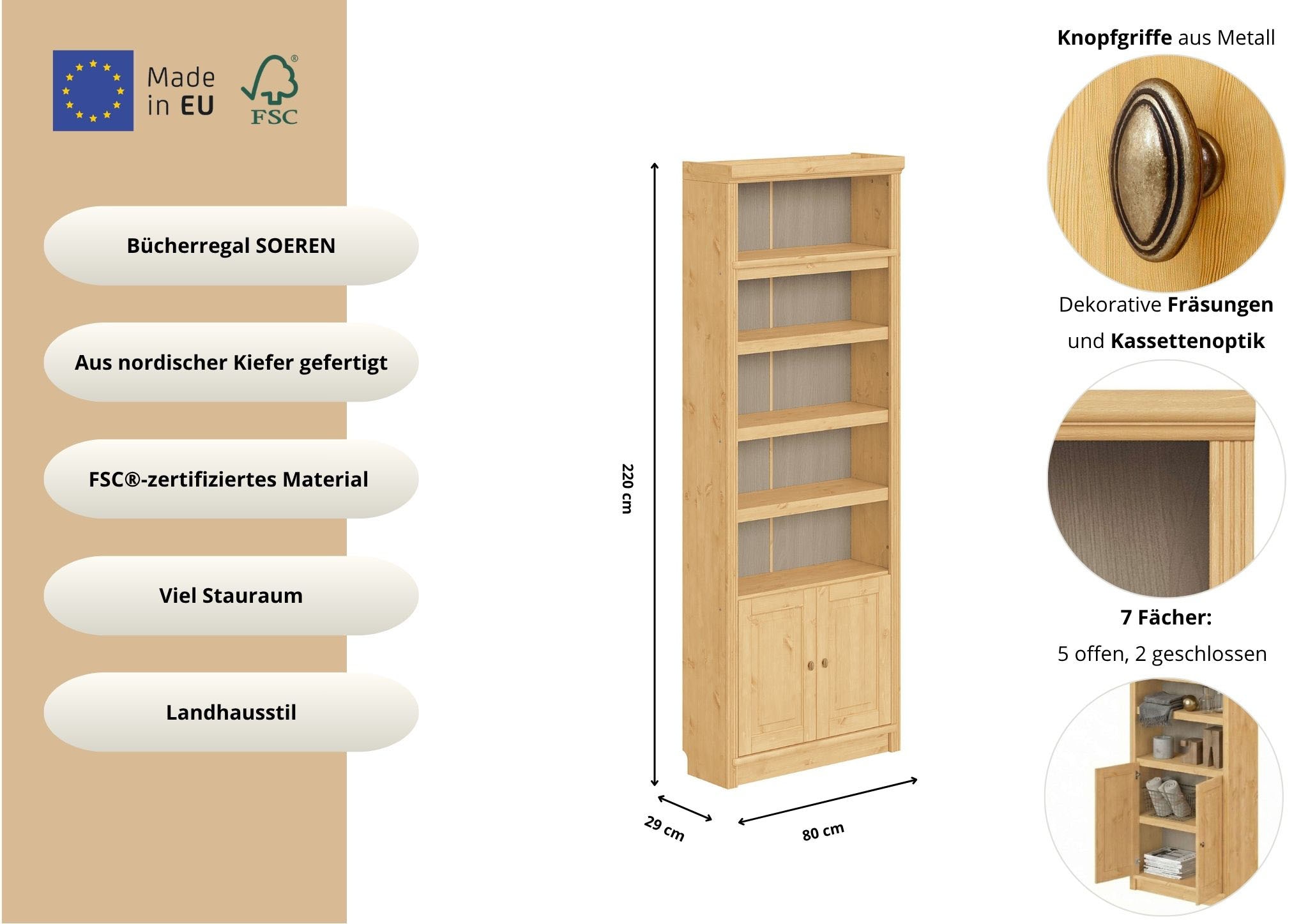 GOODproduct Bücherregal »mit 2 Türen Soeren Regal Aktenregal B/T/H: 80/29/220 cm« massive Kiefer, FSC®-zertifiziert