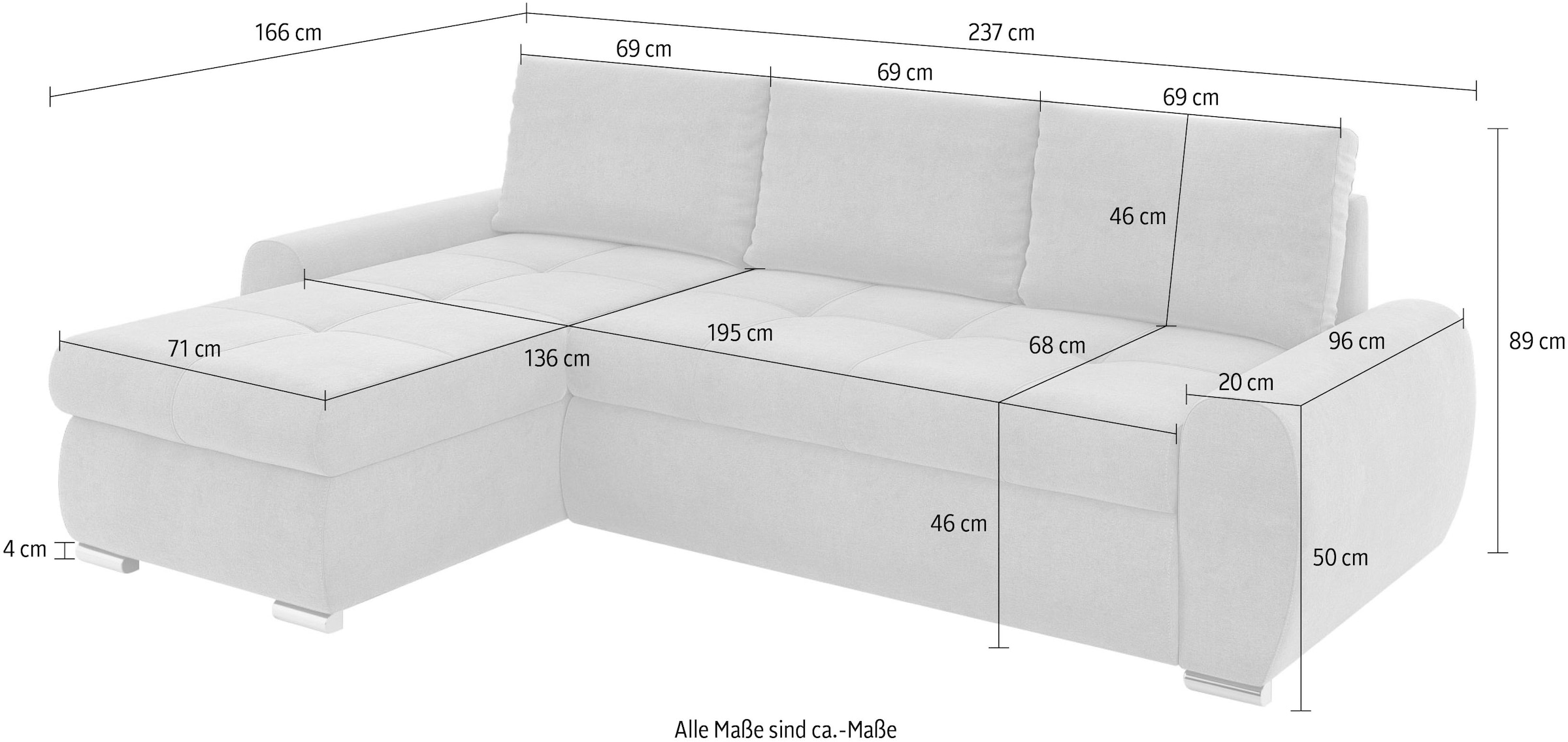 INOSIGN Ecksofa »HAVERHILL Schlafsofa mit Bettkasten, Masse B/H/T: 237/89/166 cm«, L-Form mit Recamiere links oder rechts bestellbar, Wellenunterfederung