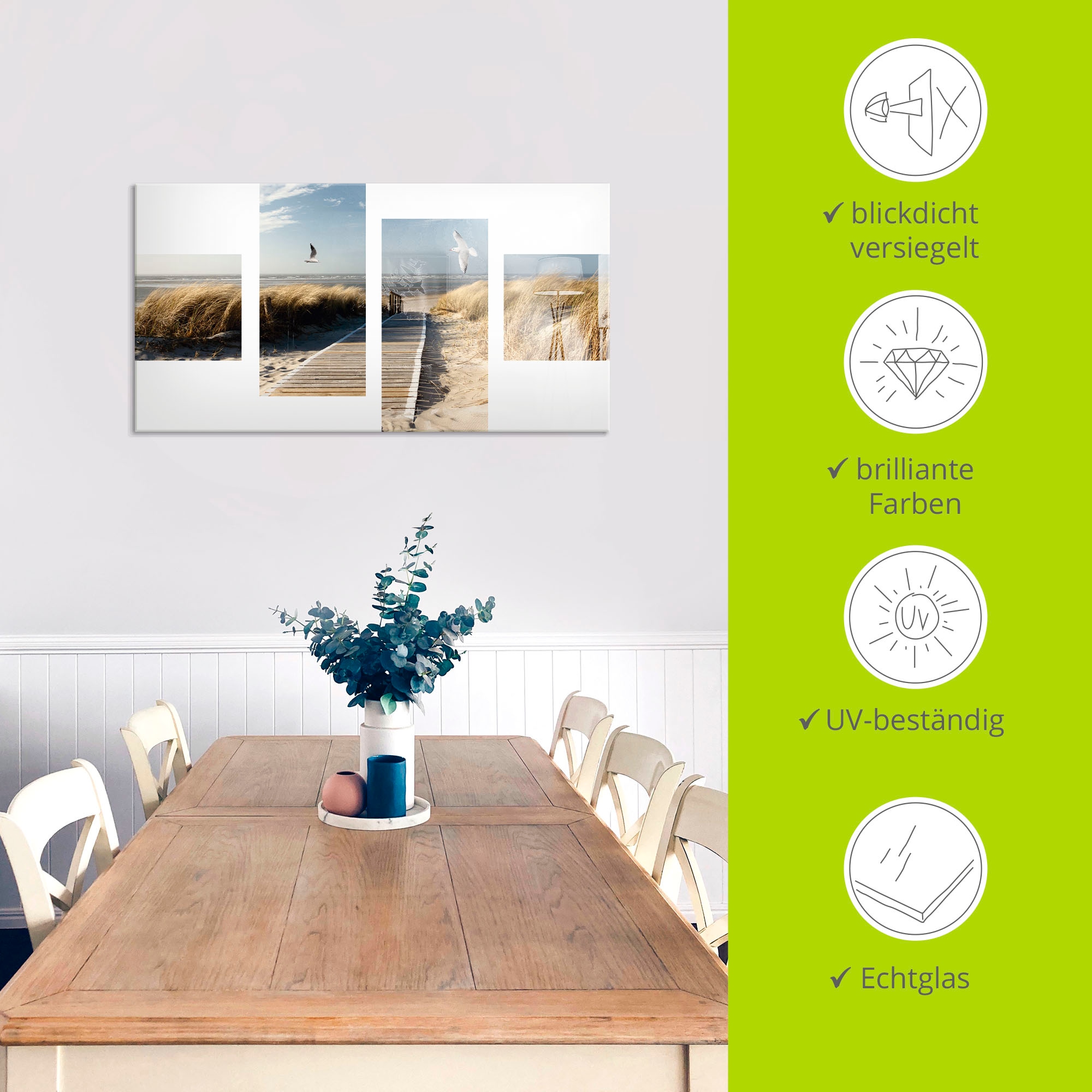 Artland Glasbild »Nordseestrand auf Langeoog mit Möwen«, Strand, (1 St.), in verschiedenen Grössen