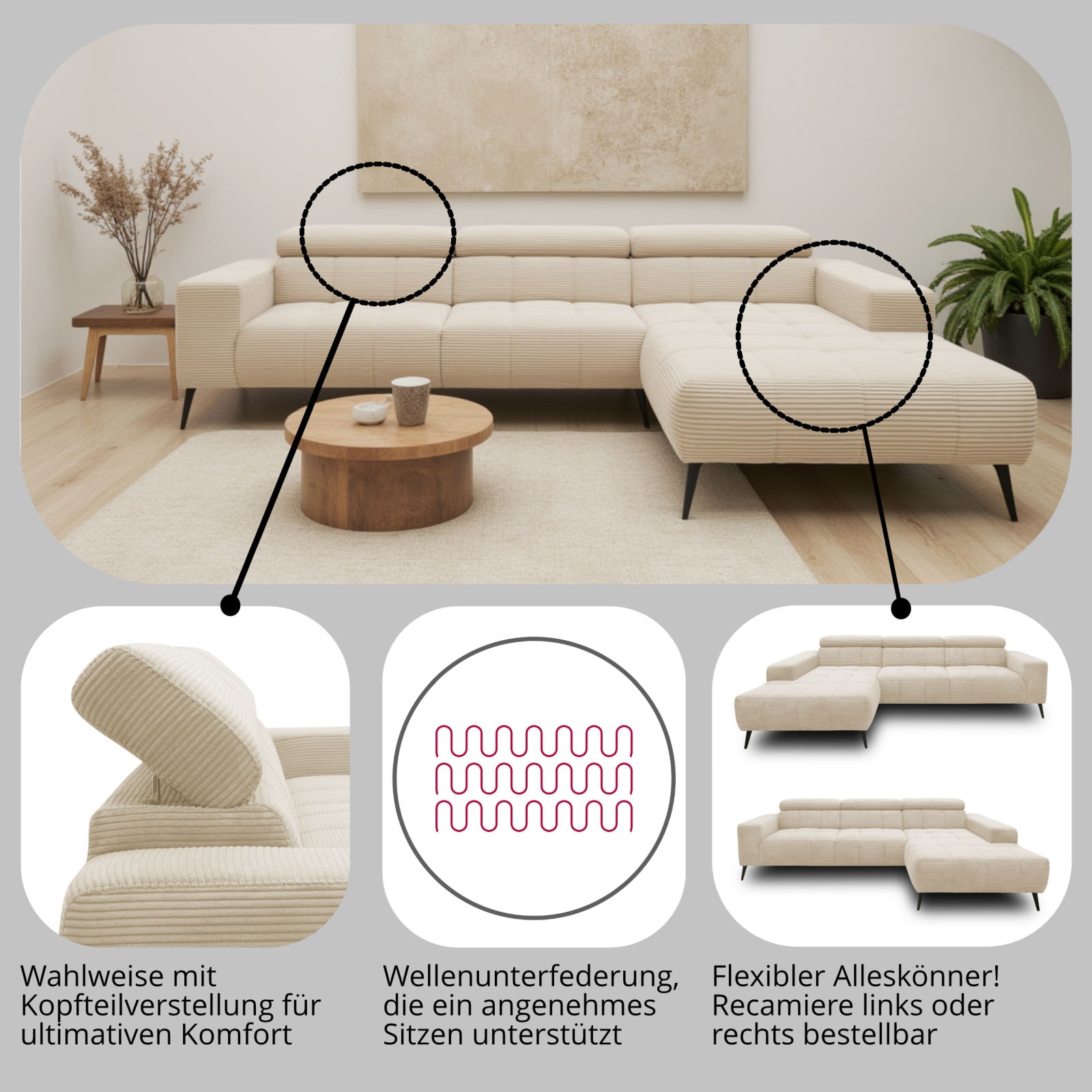 DOMO collection Canapé d'angle »Trento L-Form, mit Kufenfuss oder Einzelfuss« whlw. verstellbare Kopfteile, passend für gängige Saugroboter