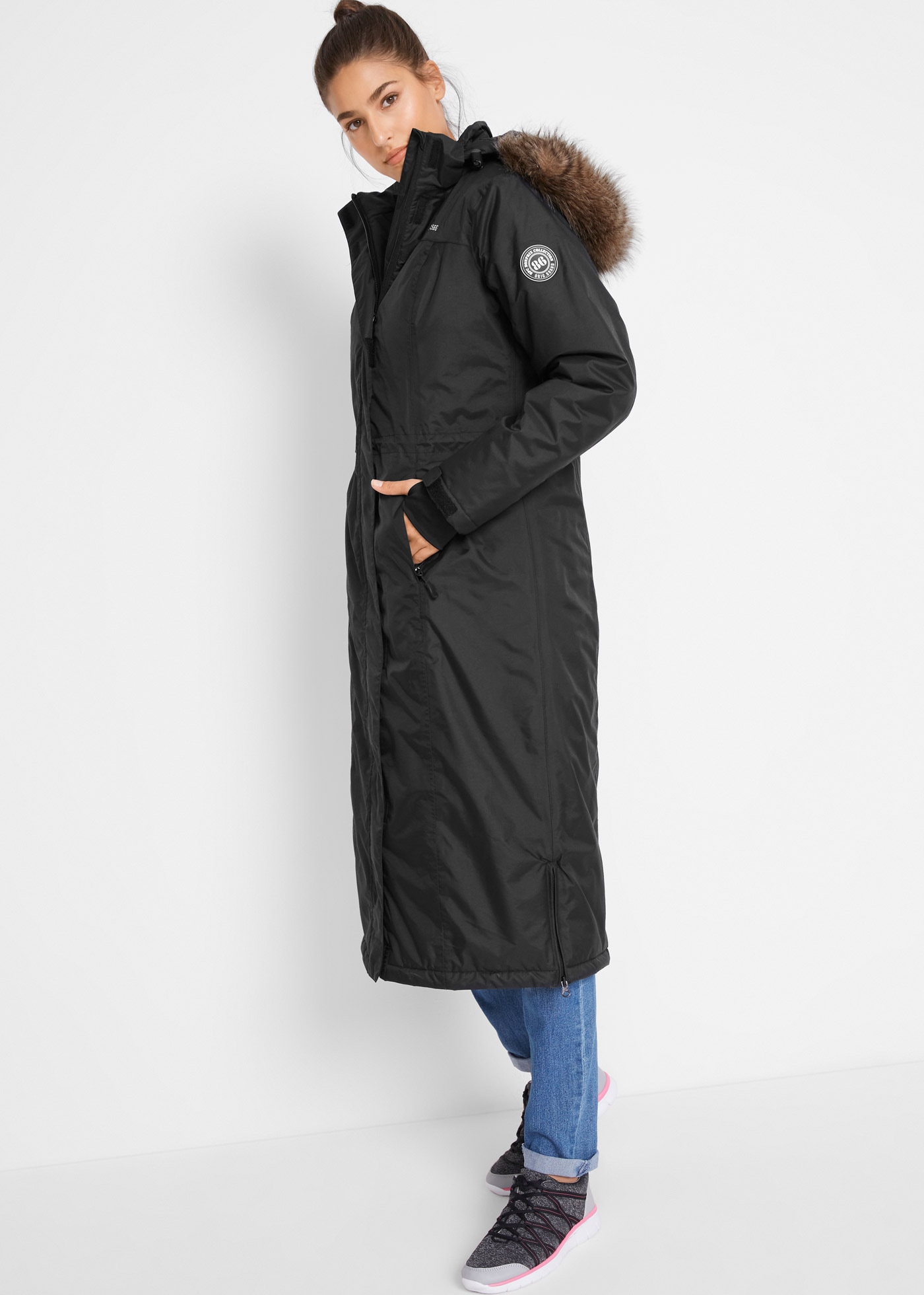 Image of bonprix Wintermantel mit abnehmbarer Kapuze + Fellimitat, Daumenlöcher, Handy-Innentasche