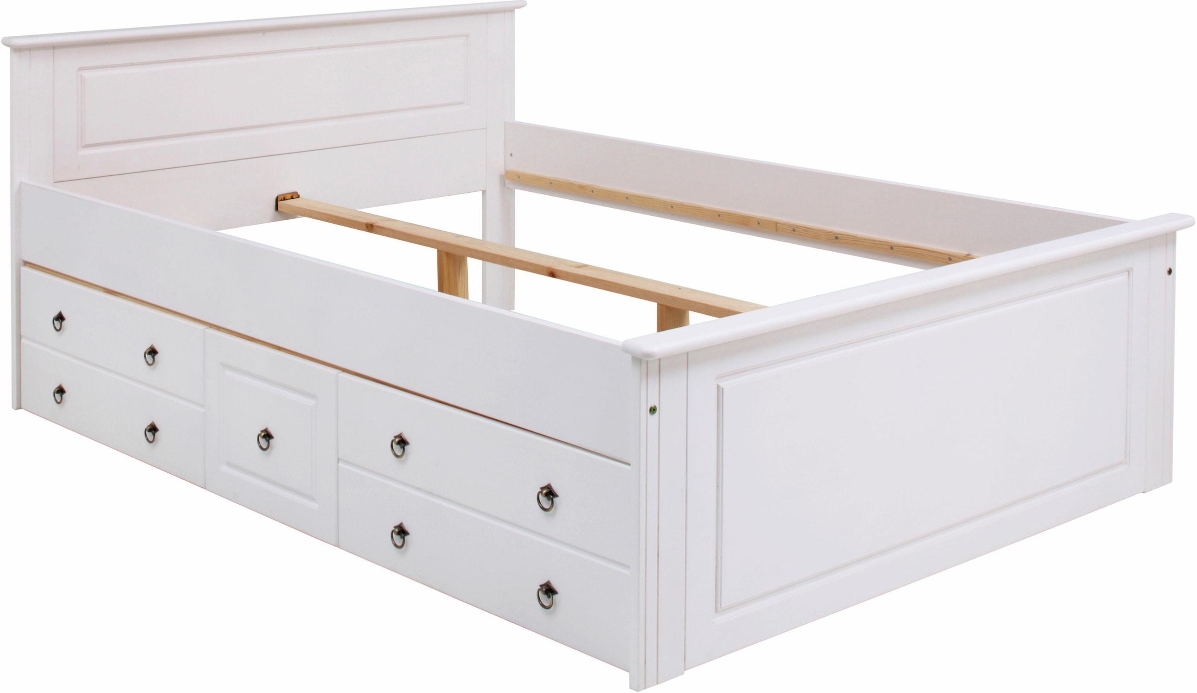 Home affaire Massivholzbett »Hugo, hohe Belastbarkeit! FSC® zertifiziertes Massivholz, Landhausstil«, (Breite/Belastbarkeit 180cm/200KG, 140cm/180KG), Stauraumbett aus massiver Kiefer