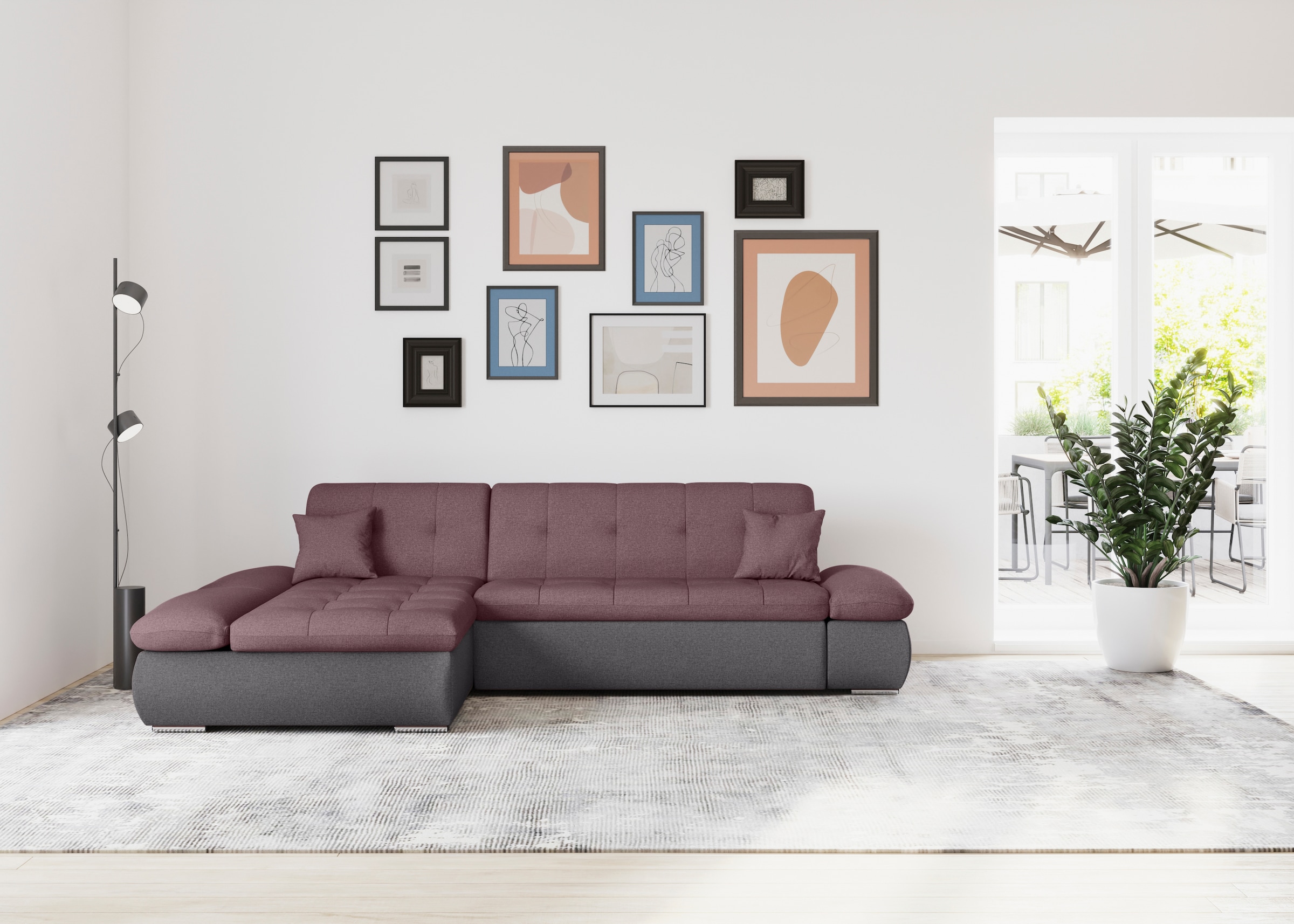 Image of DOMO collection Ecksofa "MORIC 300x172 cm, XXL-Sofa mit viel Platz, L-Form, auch in Cord" wahlweise mit Bettfunktion und Armteilverstellung, grau-beere