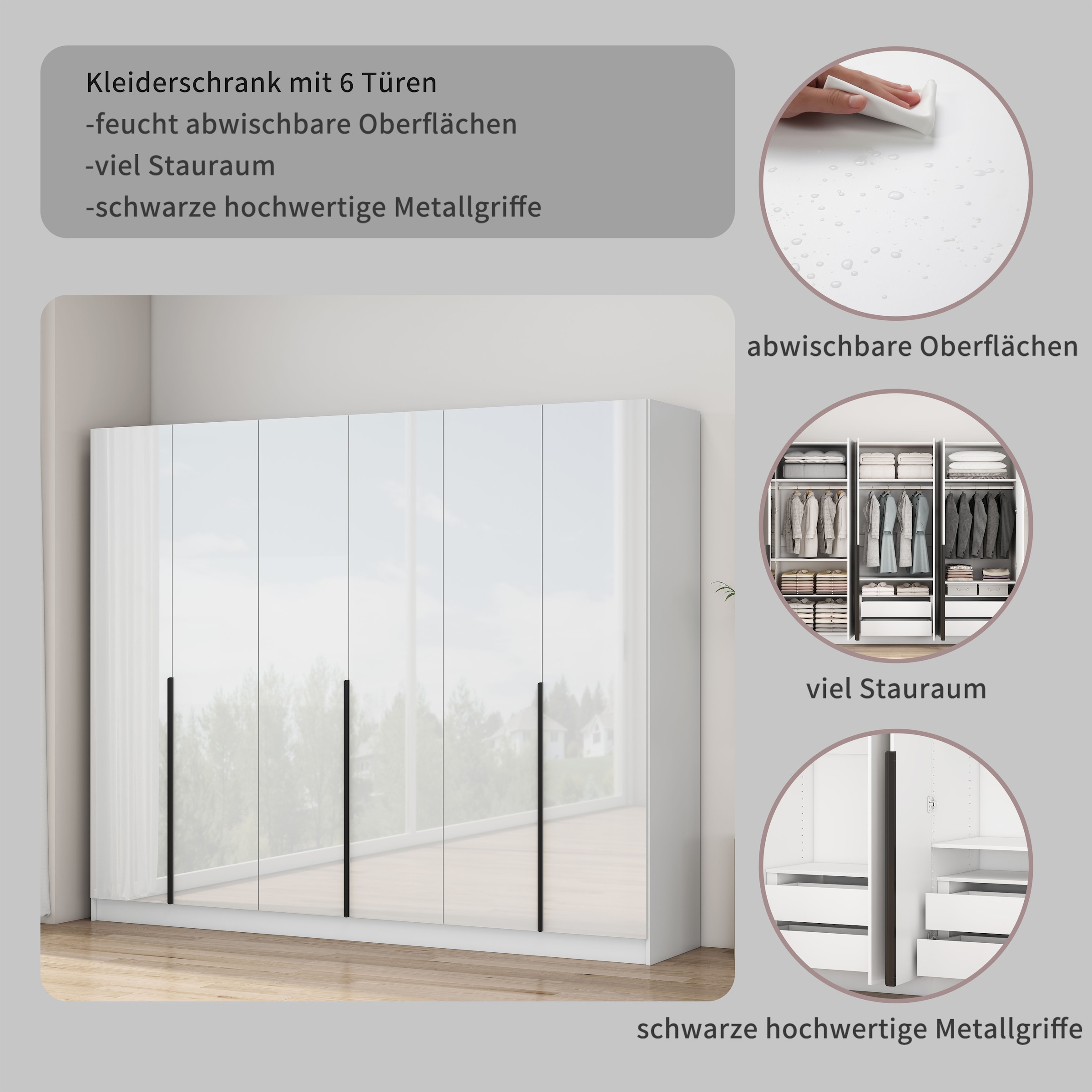 GOODproduct Armoires à vêtements »Annor Schlafzimmerschrank Breite 242cm hochglanz Schrank Garderobe« Armoire à portes battantes avec aménagement intérieur parfait - poignées de porte élégantes