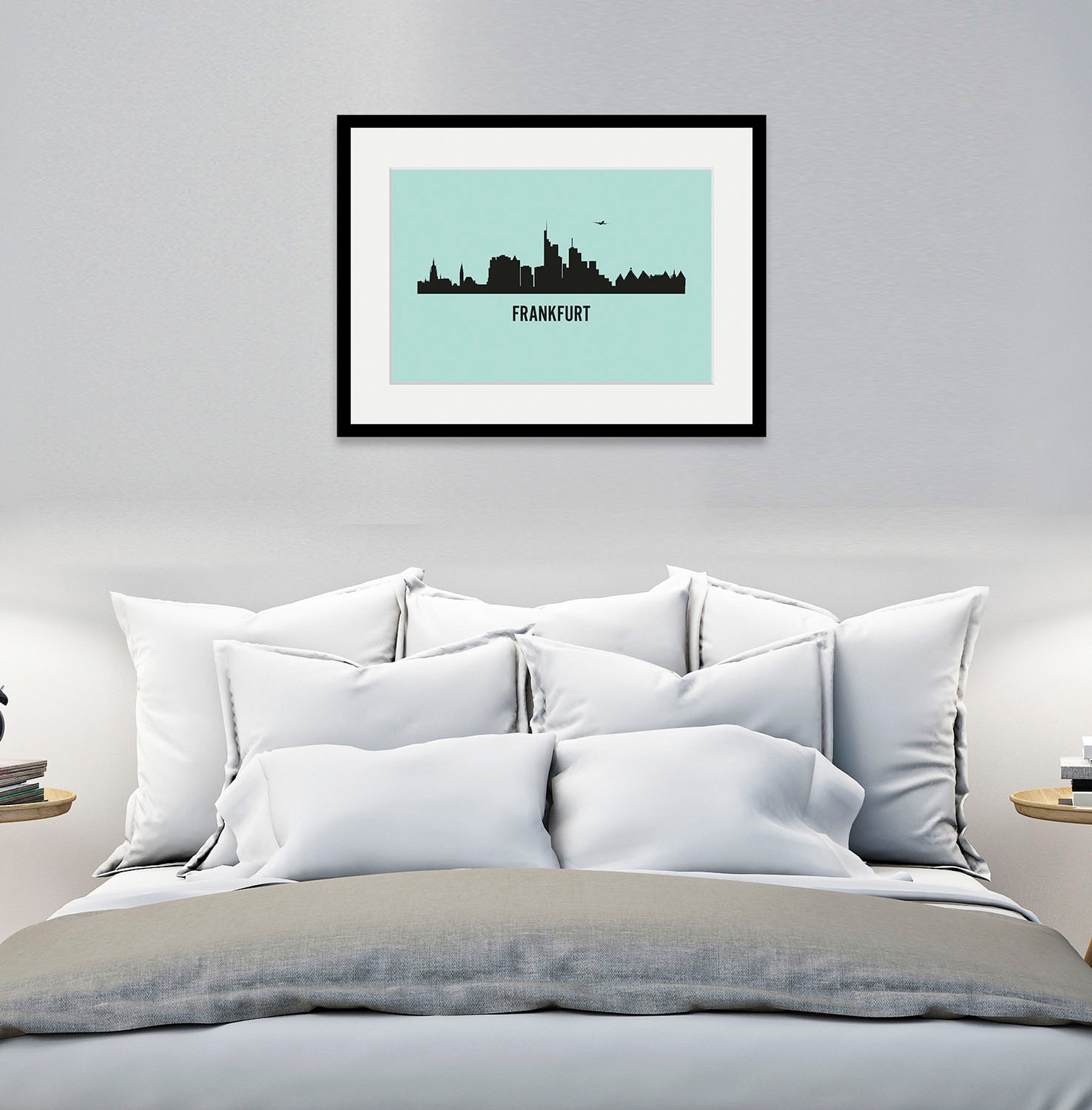 Image of queence Bild "Frankfurt Skyline" Deutschland Frankfurt am Main Gebäude Kirche Schriftzug Stadt Städte 1 Stk. tlg. HD Premium Poster-Druck inkl. Holzrahmen