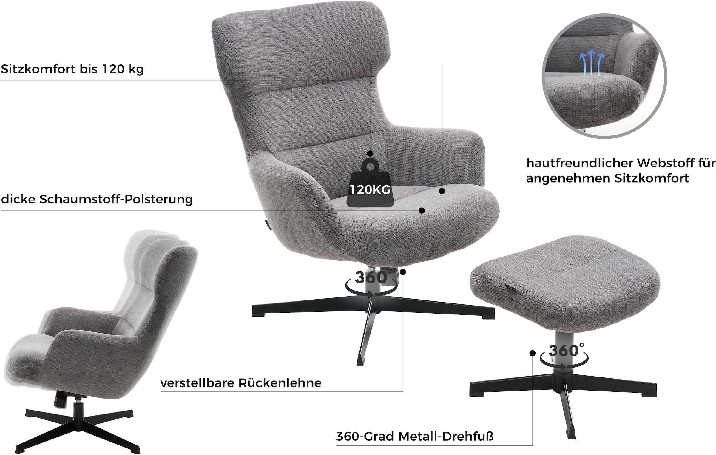 Home affaire Fauteuil »Clarah Relaxsessel, TV-Sessel mit Hocker« 360° Grad drehbar