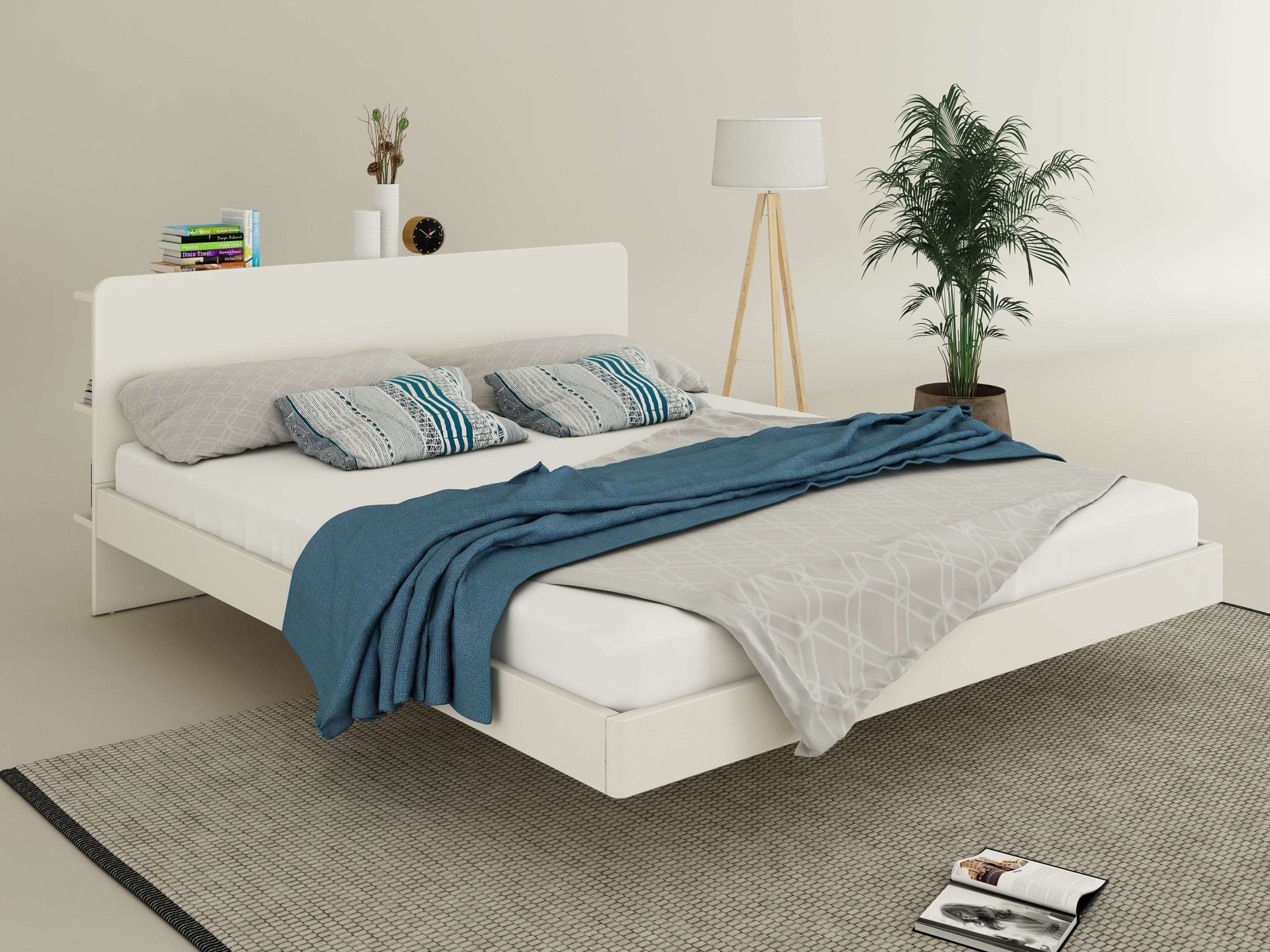 Image of GOODproduct Massivholzbett "Amaliah Schwebebett, versteckte Regale hinter dem Kopfteil," schwebender Effekt, mit Lattenrost, modernes Design, stabile Qualität