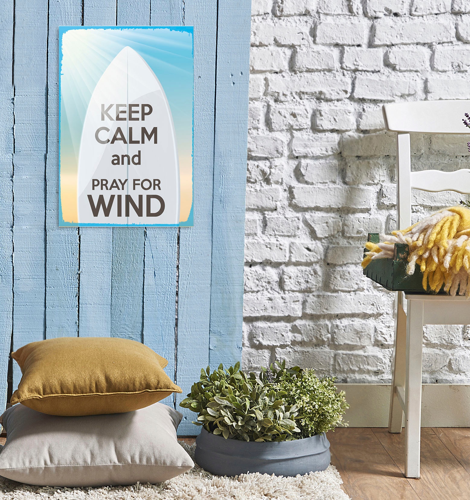 Image of queence Metallbild "Pray for Wind" Motivationsbilder Schriftzug Strand 1 Stk. tlg. Stahlschilder