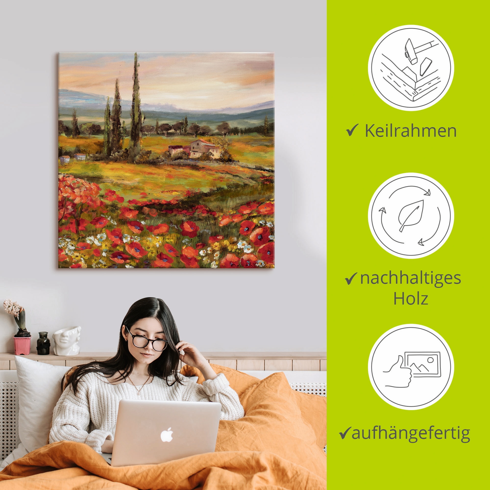 Artland Wandbild »Mohnblumen und Zypressen«, Felder, (1 St.), als Leinwandbild, Poster in verschied. Grössen