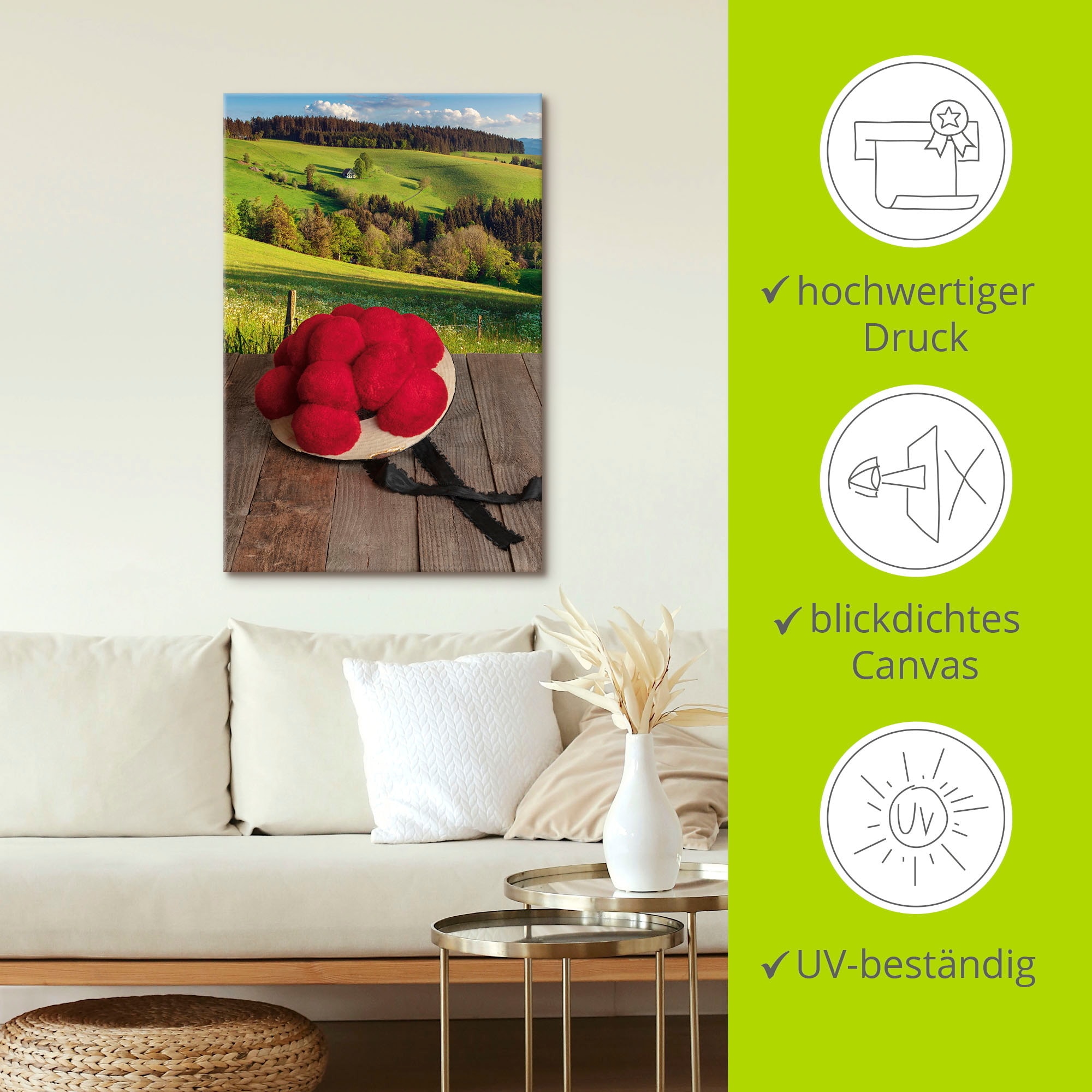 Artland Wandbild »Schwarzwälder Bollenhut auf Holztisch«, Wiesen & Baumbilder, (1 St.), als Alubild, Outdoorbild, Leinwandbild in verschied. Grössen