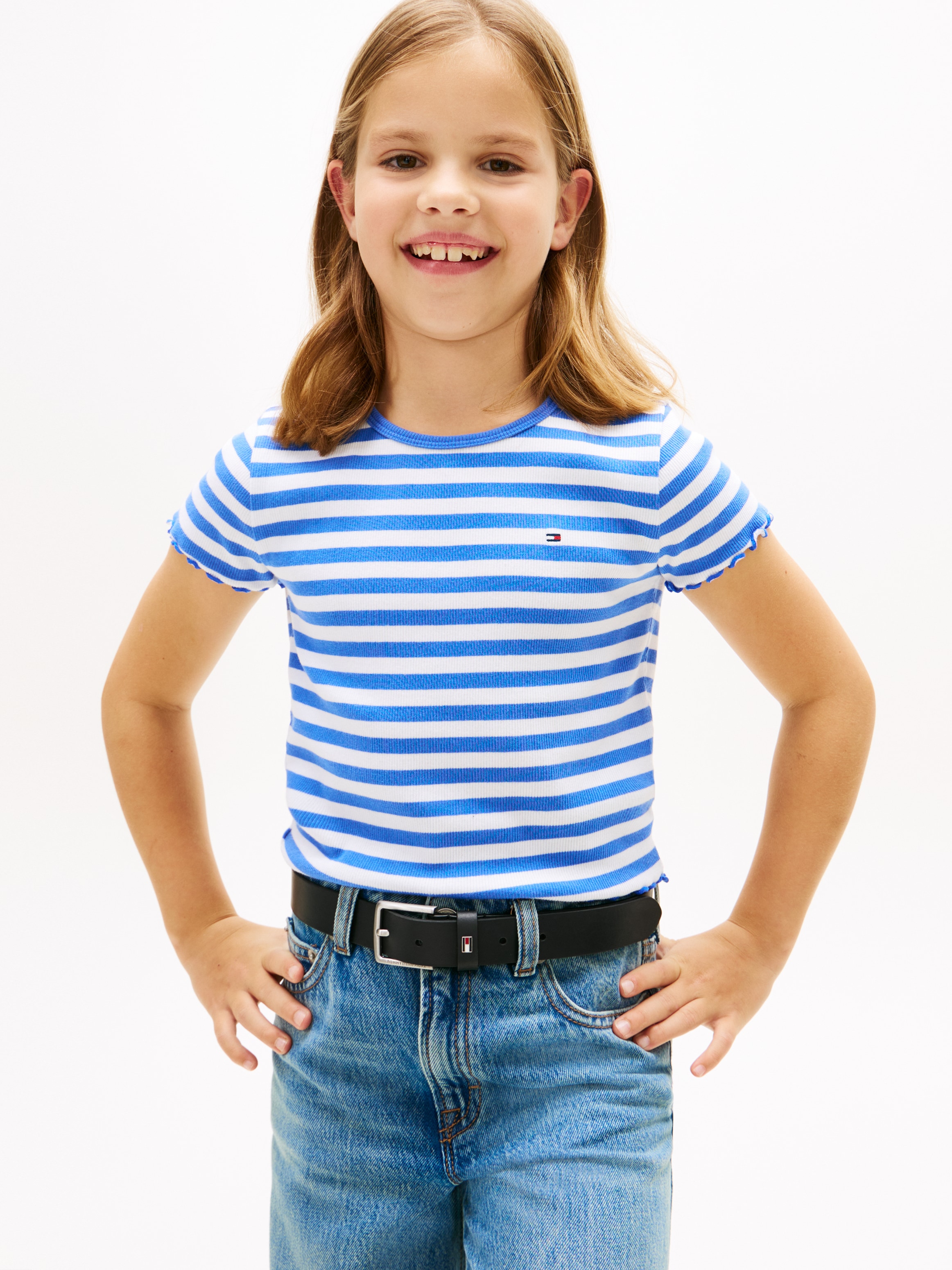 Tommy Hilfiger T-shirt »ESSENTIAL RIB TOP mit Babylock-Kanten und Stickerei« unifarben, casual, regular fit, Baumwollmix, Rundhals