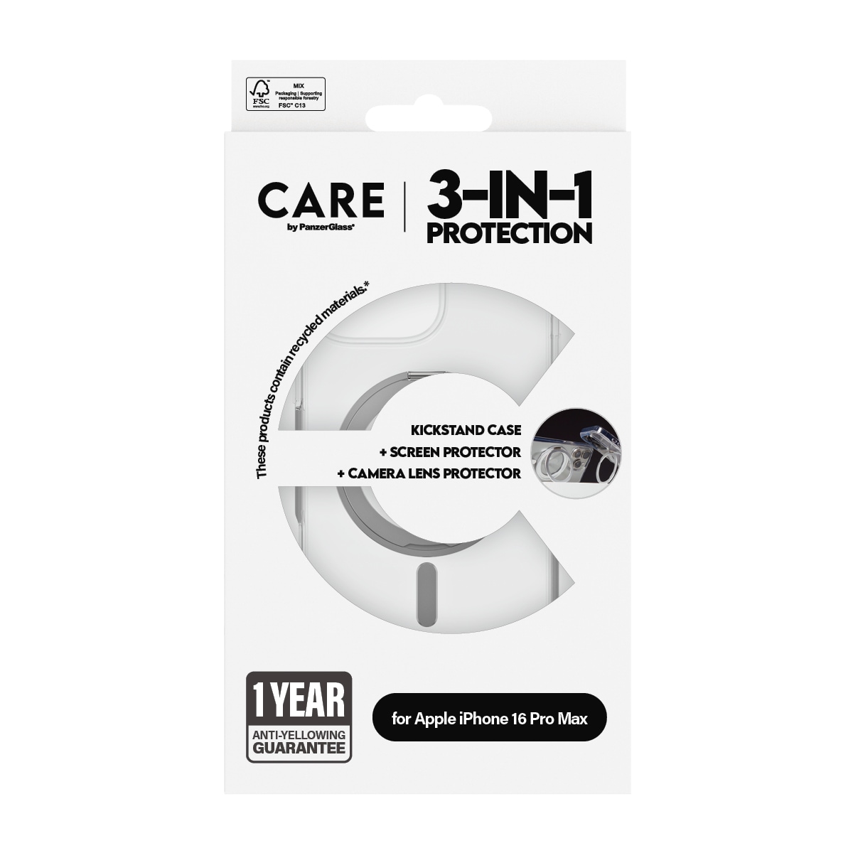 CARE by PanzerGlass Displayschutzglas »3-in-1 Protection, Ceramic Glass, Kickstand Case, Lens Cover«, für Apple iPhone 16 Pro Max, Displayschutzfolie, Schutzfolie, Bildschirmschutz, kratz- & stossfest