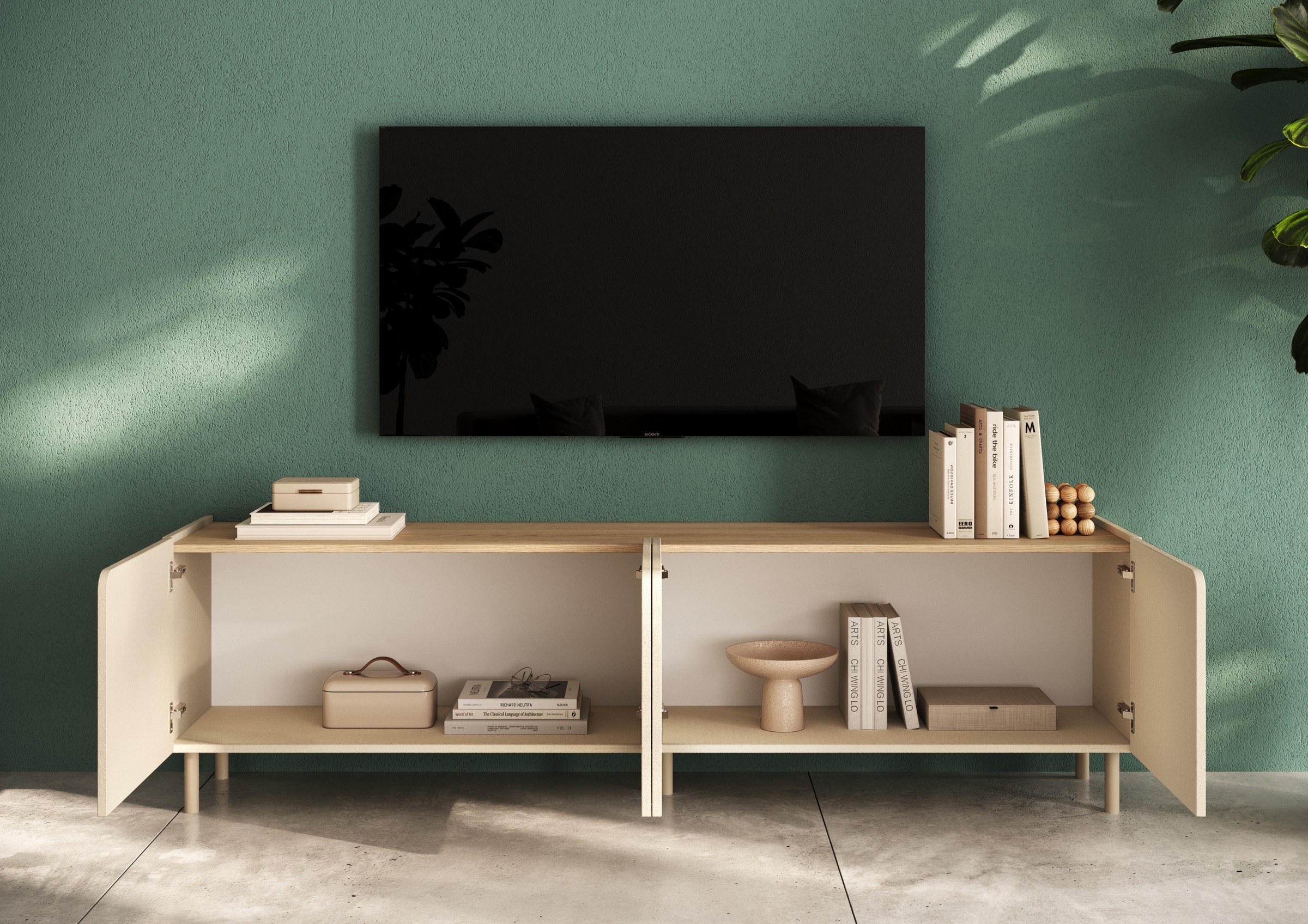 GOODproduct Table basse »Dobbiaco, 202 cm breit, 4 Türen, Mediaboard, TV-Schrank« Top intégré, pieds en métal droits, porte avec arrondi