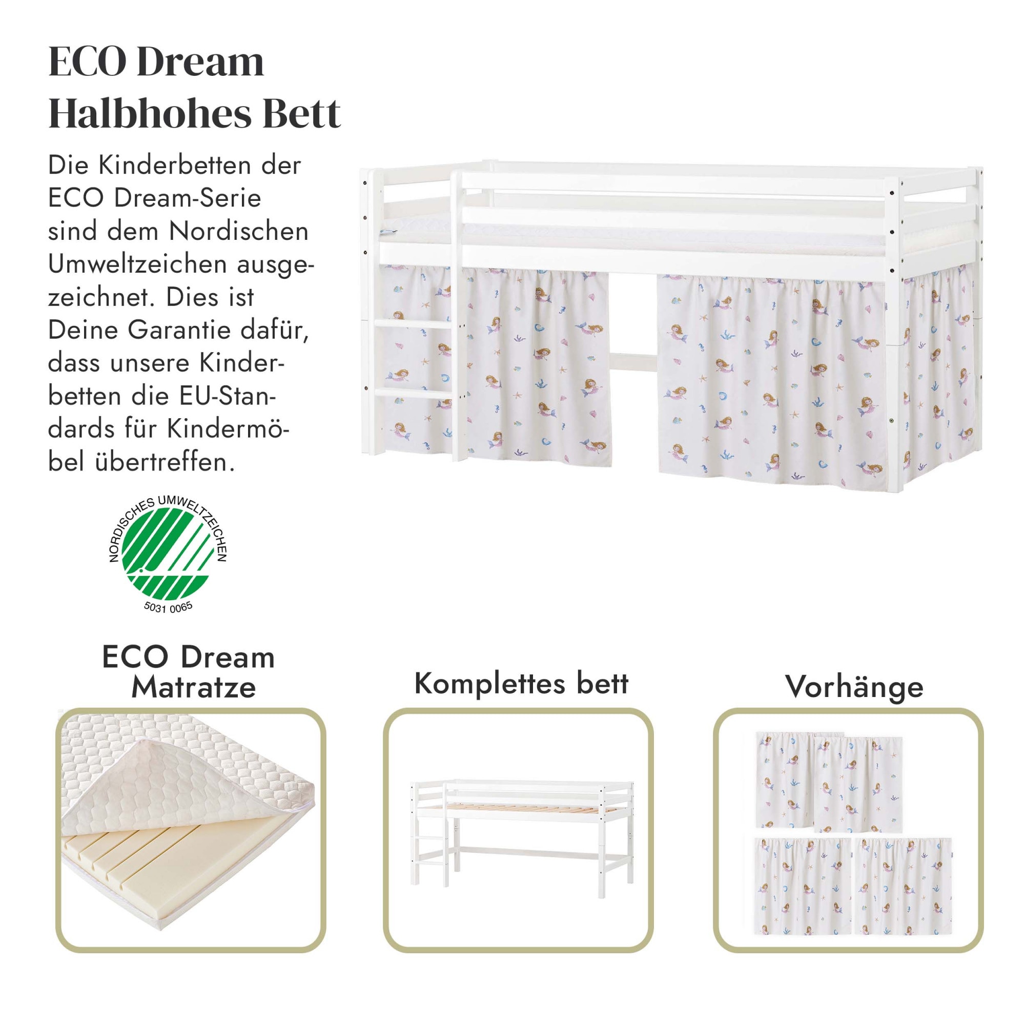 Hoppekids Spielbett »ECO Dream, Hochbett, in 2 Einzelbetten teilbar«, Massivholzbett mit Meerjungfrau-Vorhang, Matratze & 2 Grössen wählbar