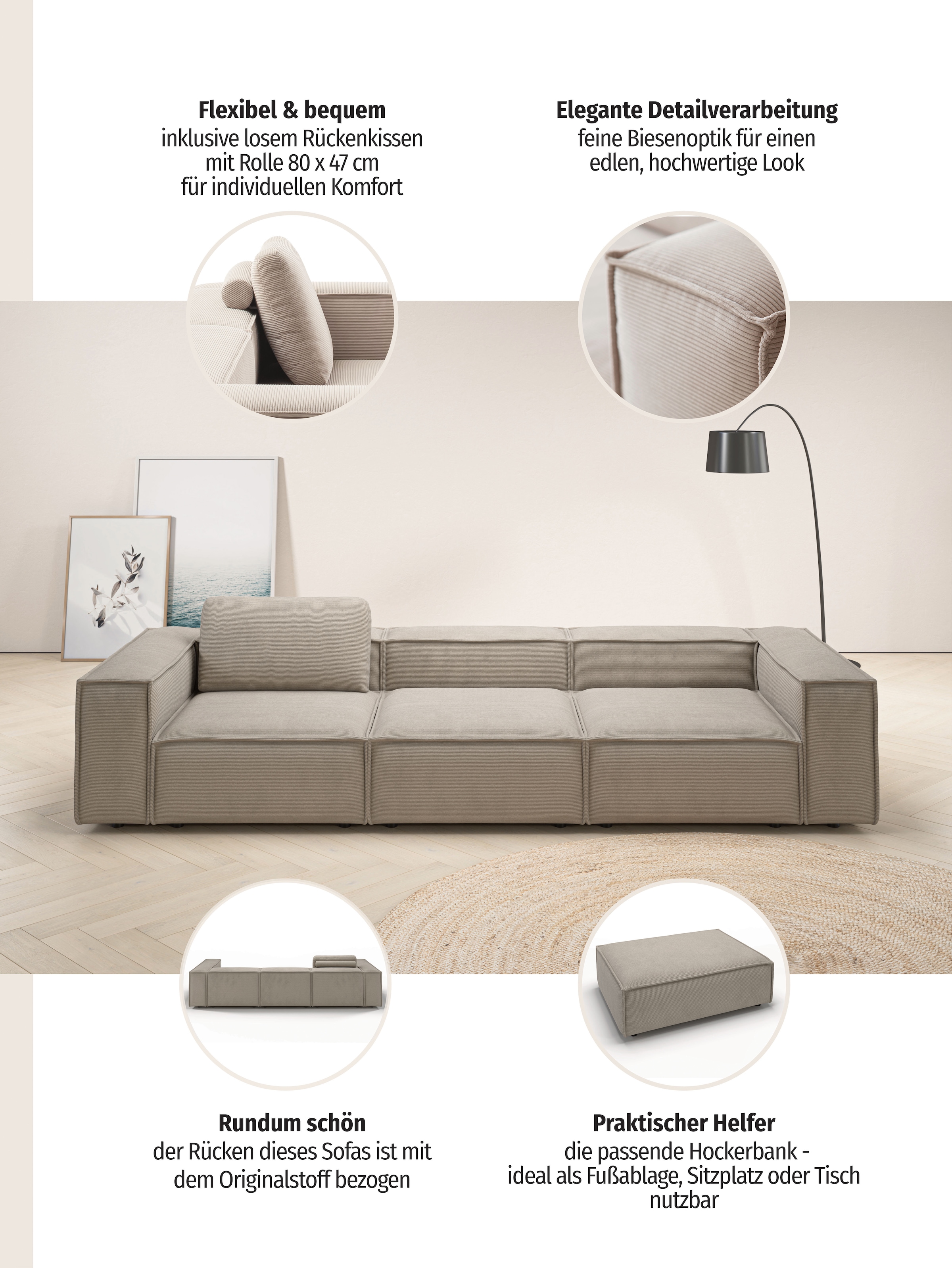 Home affaire 3,5-Sitzer »Watertown, modernes Big-Sofa XXL, 336 cm Breite, auch in Feincord« Riesiges Designersofa mit viel Platz & weichen Bezügen in Trendfarben