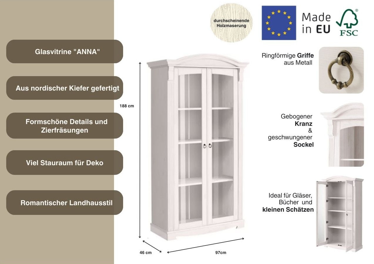 Home affaire Vitrine »Anna«, (Gesamtmasse (B/T/H): ca. 97/46/188 cm), mit Glastüren, Höhe 188 cm, Massivholz, mit Zierfräsungen, FSC®