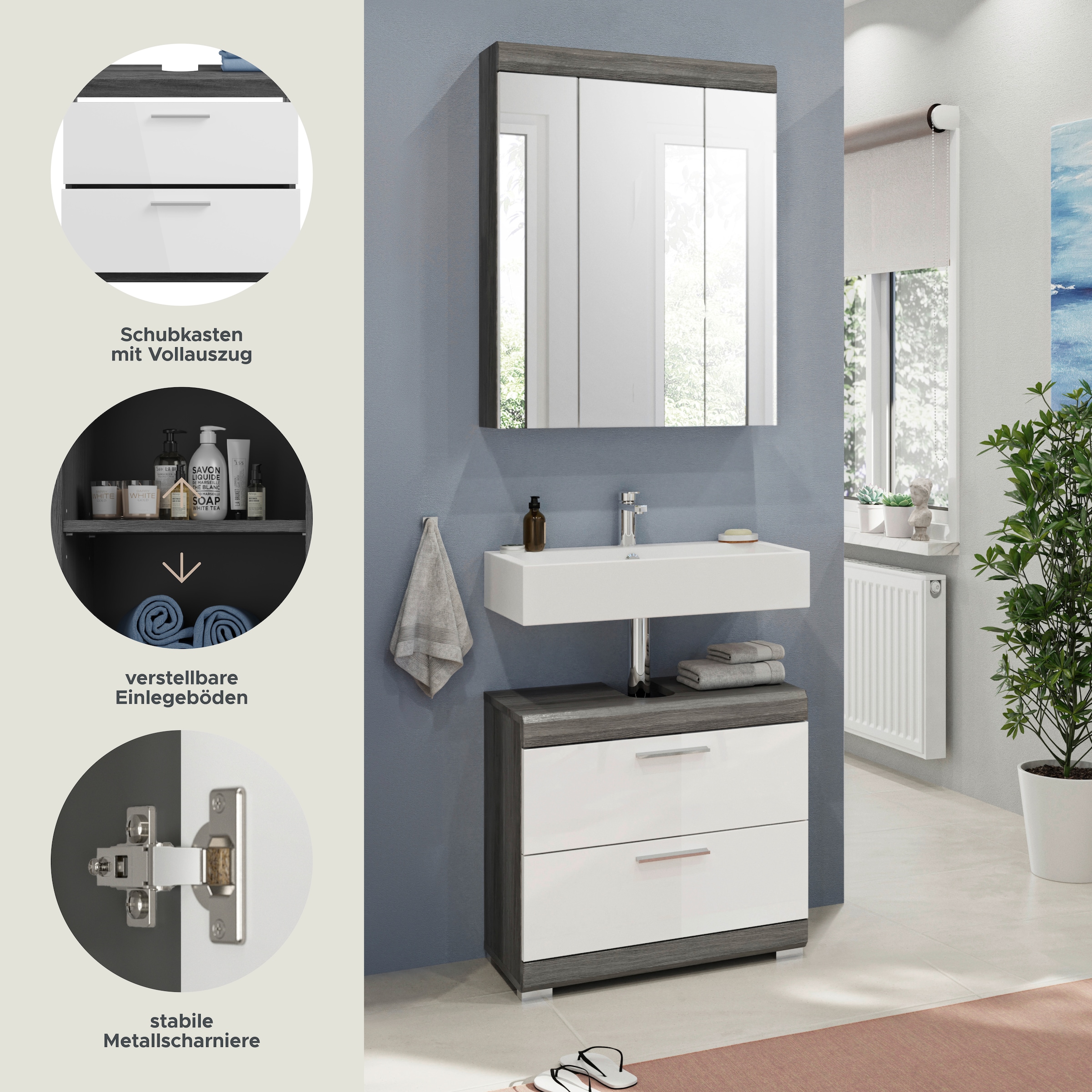 INOSIGN Badmöbel-Set »Siena, 2 tlg., bestehend aus: Waschbeckenunterschrank, Spiegelschrank«, (Set, 2 St.), in verschiedenen Farben erhältlich, Badmöbel, Kombination, Badezimmer