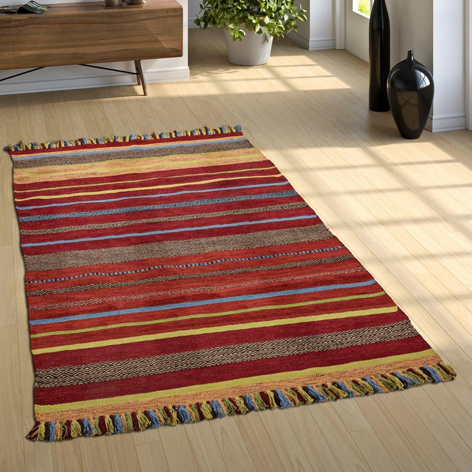 Paco Home Teppich »Kilim 213«, rechteckig, handgewebter Wendeteppich, reine  Baumwolle, gestreift, Wohnzimmer bequem kaufen | Kurzflor-Teppiche