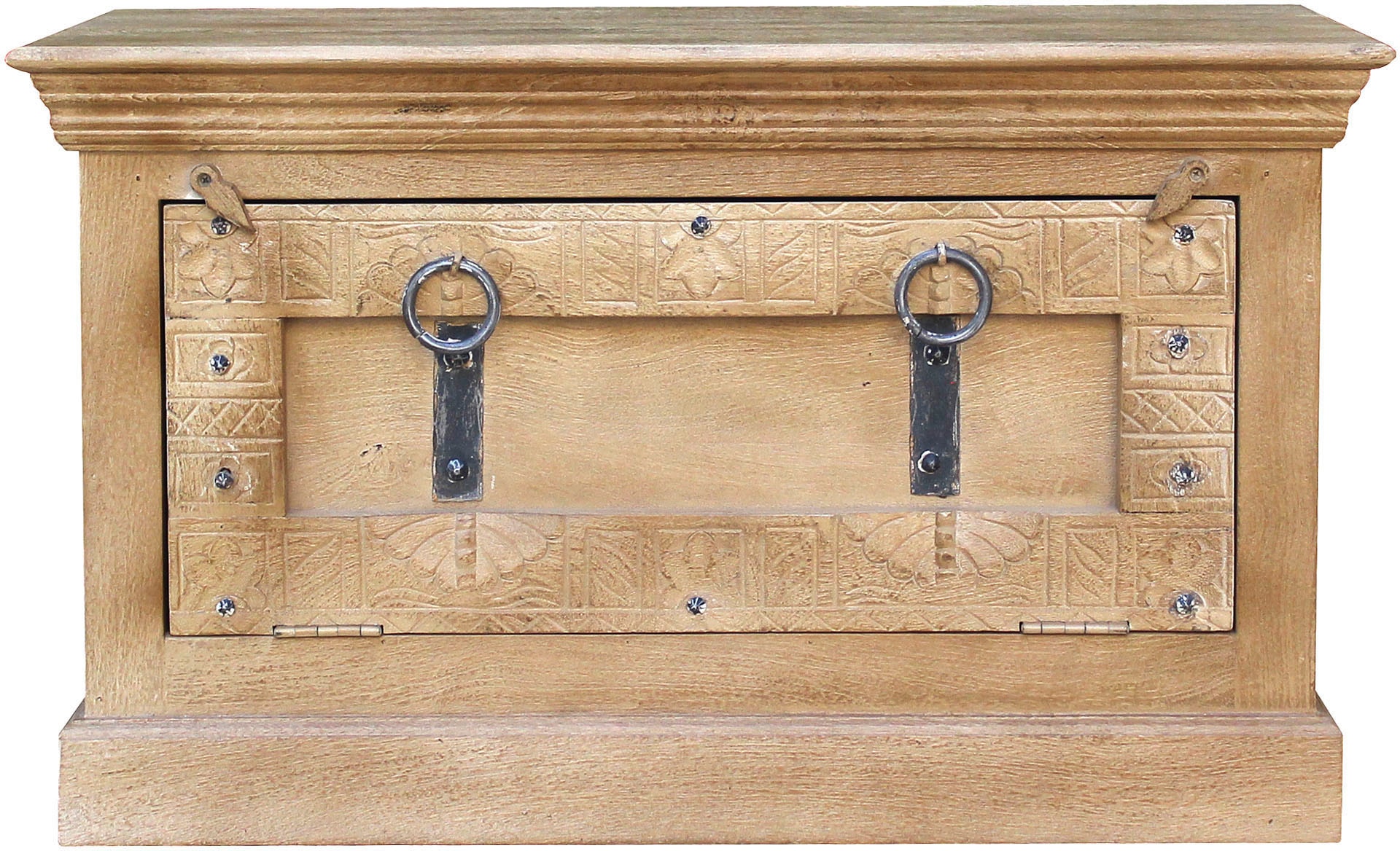 SIT Banc coffre »Berlin aus Mangoholz mit aufwendigen Schnitzereien & Schuhfach« banc avec compartiment à chaussures intégré pour environ 6 paires de chaussures