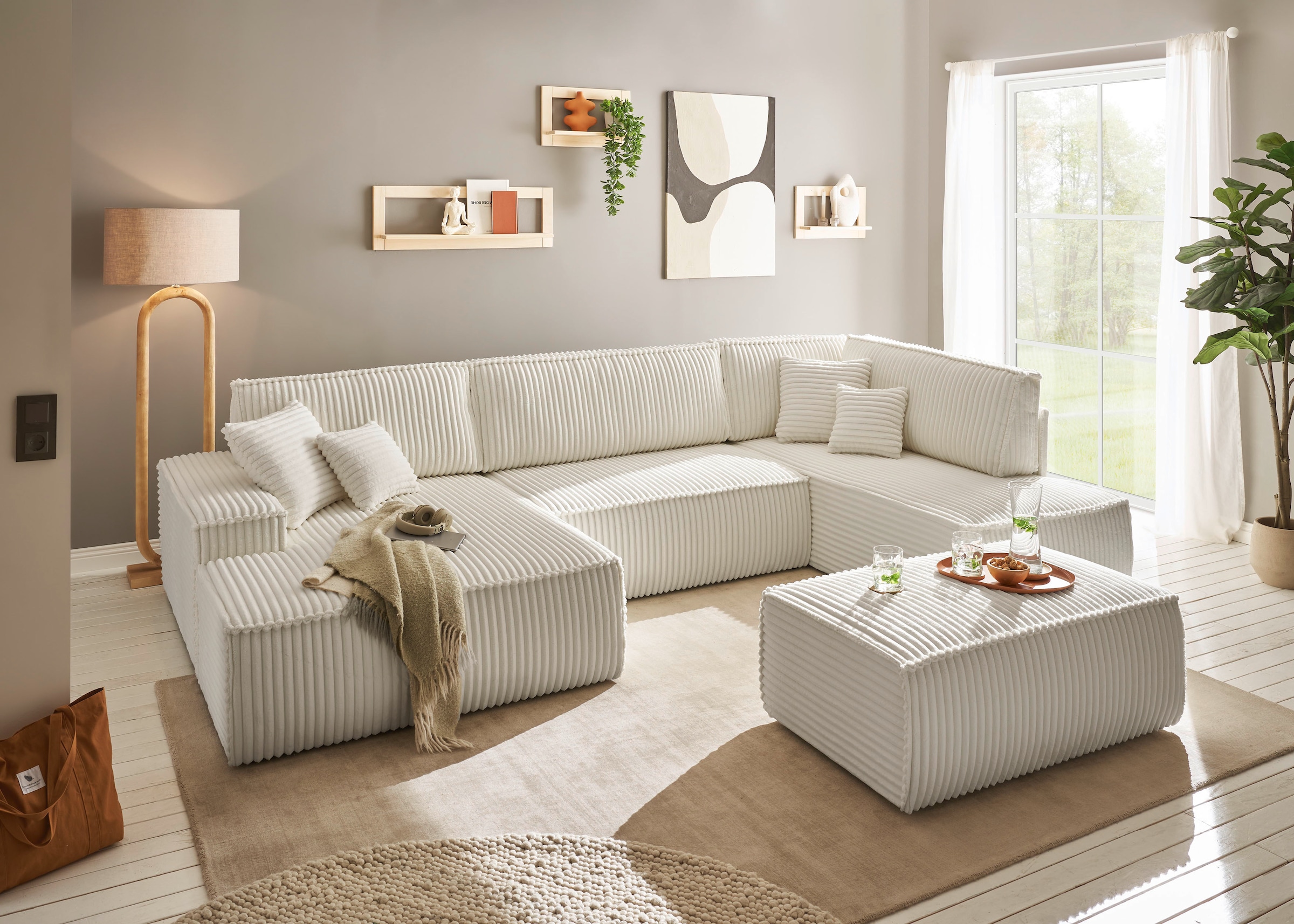 andas Wohnlandschaft »FINNLEY U-Form XXL 329 cm, Schlafsofa, Schlaffunktion m. Bettkasten«, (194/139 cm), Bouclé, Struktur und Cord