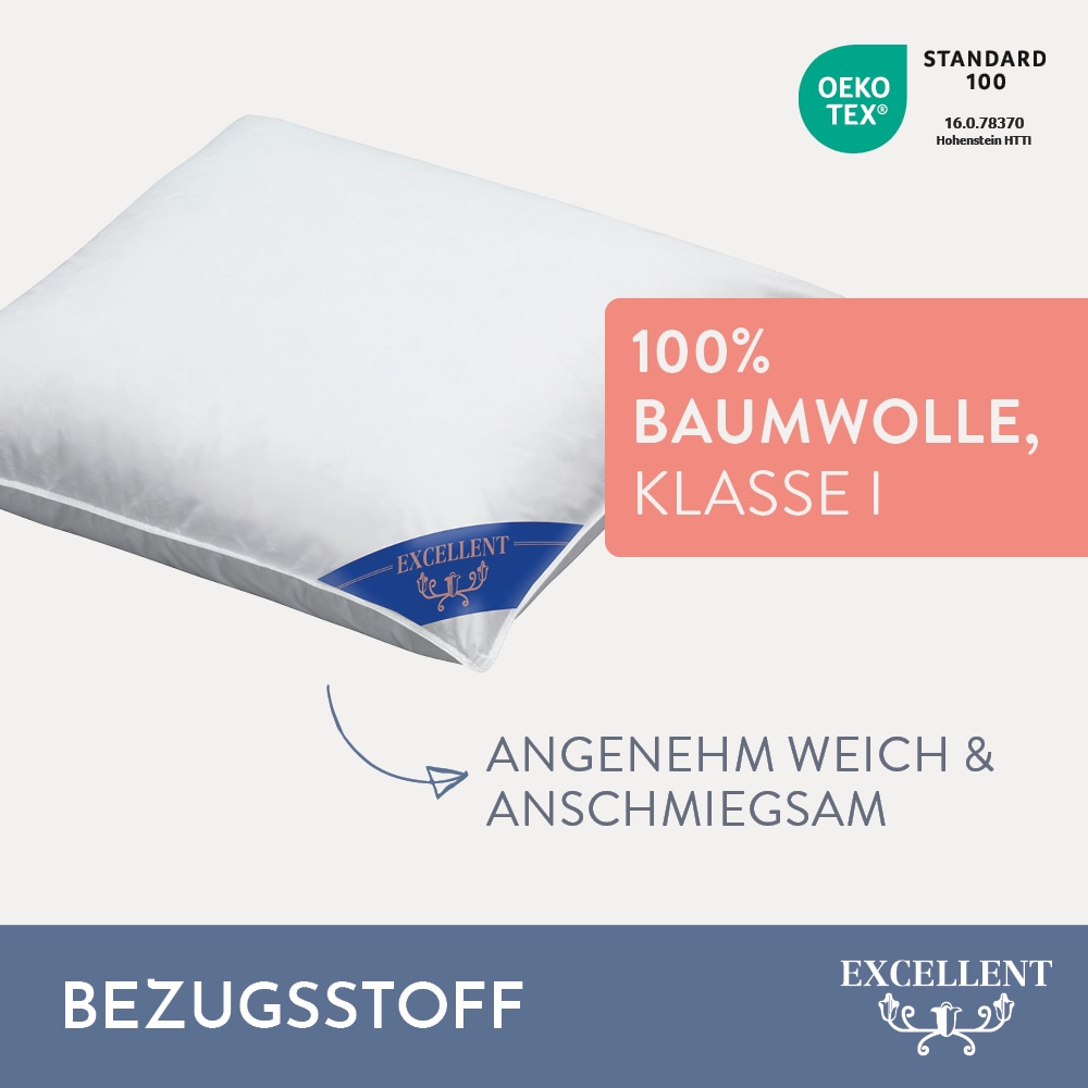 Excellent Kopfkissen »Venedig«, Füllung: weisse neue Federn und Daunen, Klasse I, 85% Federn / 15% Daunen, Bezug: Köper-Inlett, 100% Baumwolle, (Spar-Set, 2 St., 2 Kopfkissen), Kopfkissen 40x40, 40x80, 80x80, allergiker geeignet (Hausstaub)