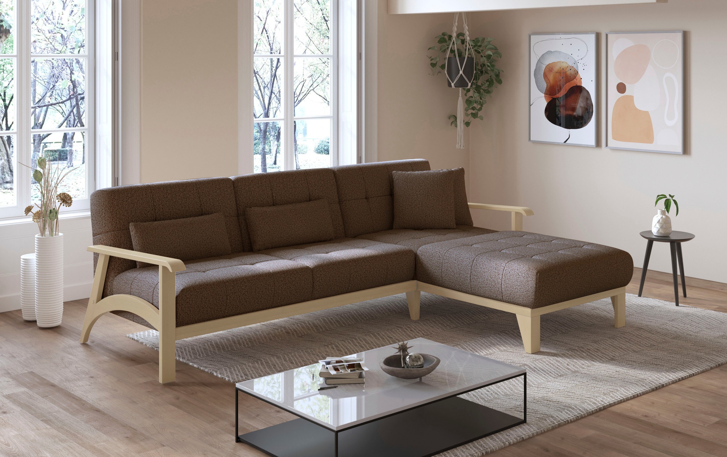sit&more Ecksofa »Billund L-Form«, Armlehnen aus Buchenholz in natur, verschiedene Bezüge und Farben