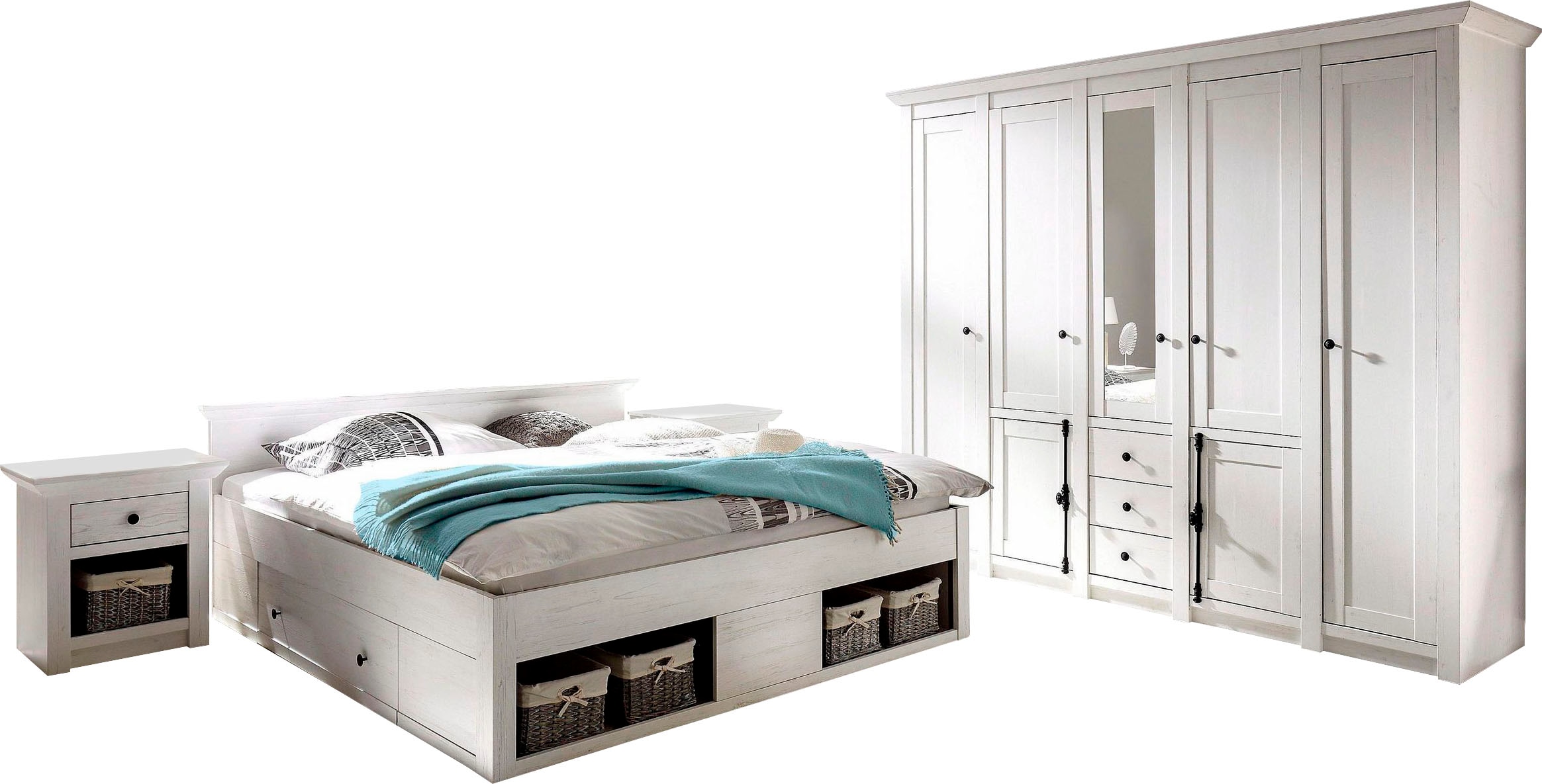 Home affaire Schlafzimmer-Set »California«, (Set, 4 St.), gross: Bett 180 cm, 2 Nachttische, 5-trg Kleiderschrank