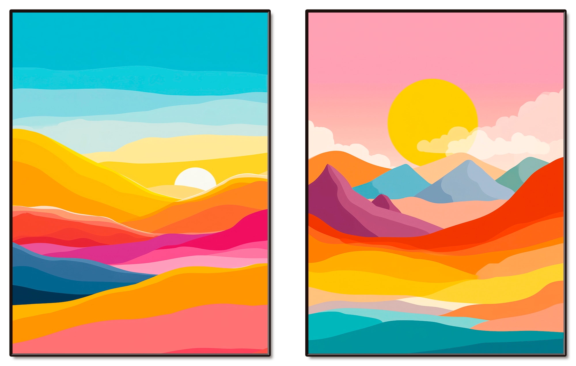 GOODproduct Wandbild »Retro Landschaft I und II« Bilder vom Sonnenuntergang & -aufgang 2 Stk. tlg. als Poster oder Leinwandbilder Set