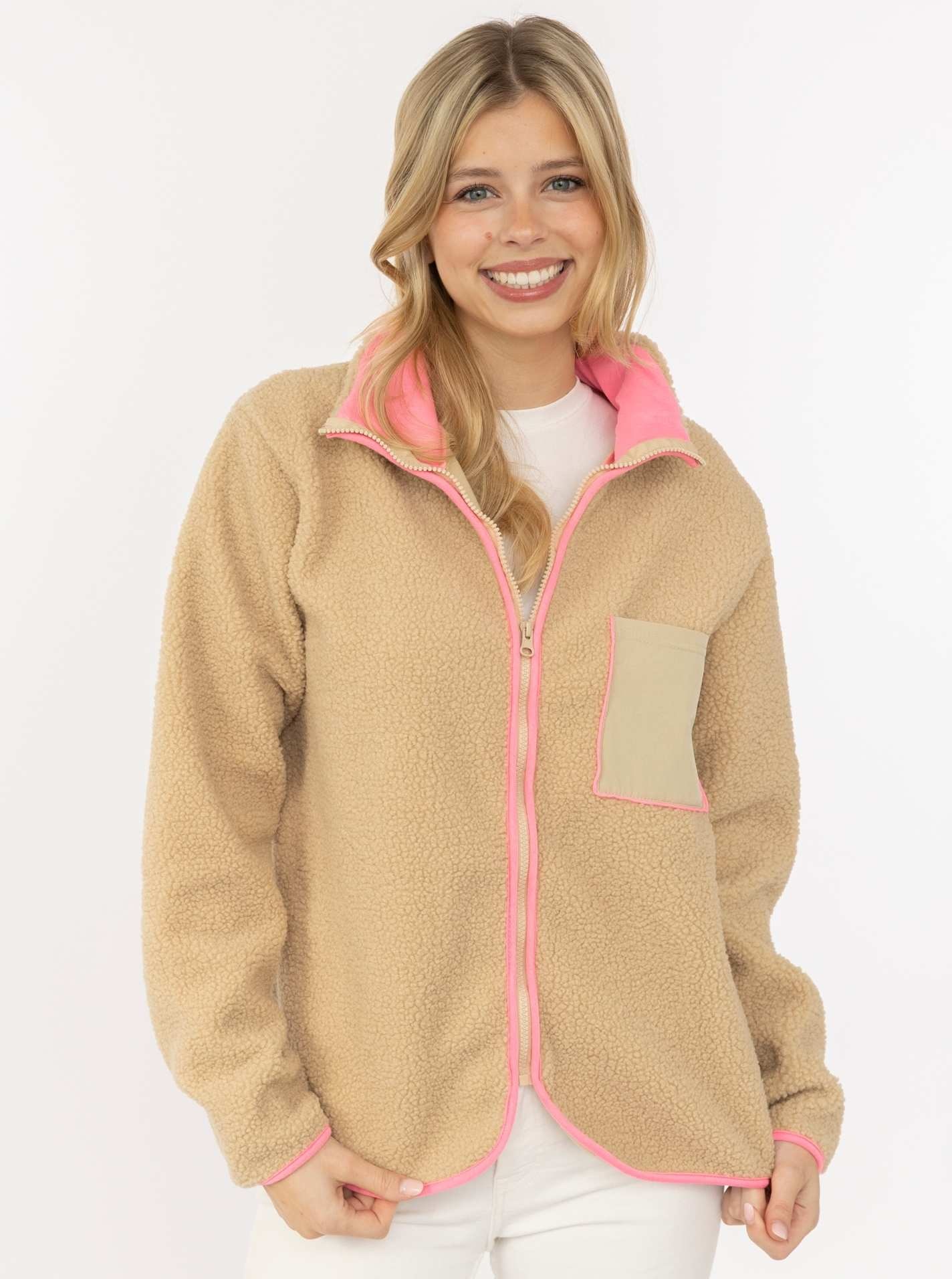 Image of Zwillingsherz Bomberjacke ""Classic"" kuscheliges Teddy-Fleece, Kontrastdetails, Brutstasche, Stehkragen