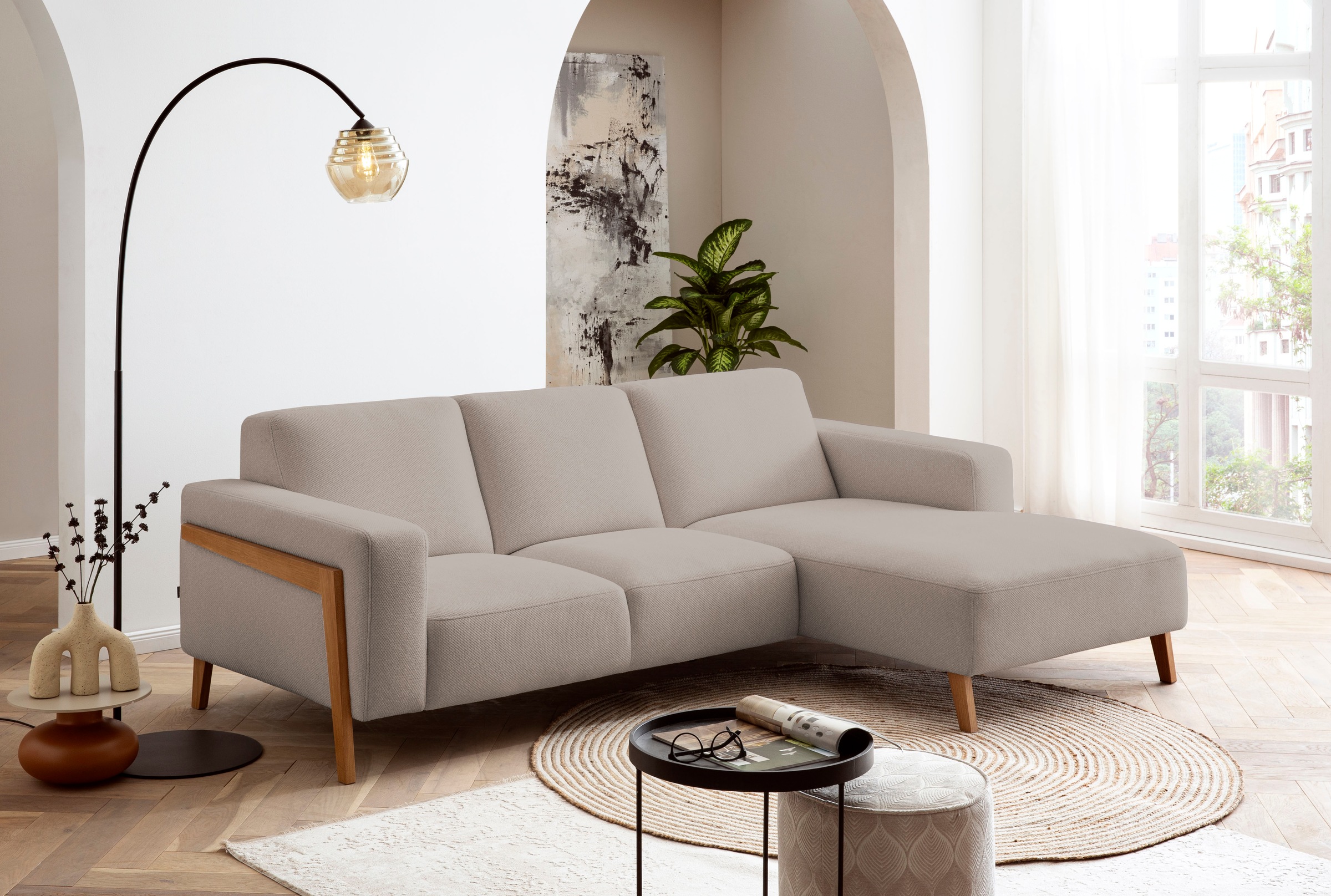 exxpo - sofa fashion Ecksofa »Starr Scandic Design, tolle Verarbeitung, bequem, Sichtholz am Armteil«, L-Form, wahlw. elektrische Sitztiefenverstellung, Massivholzfüsse